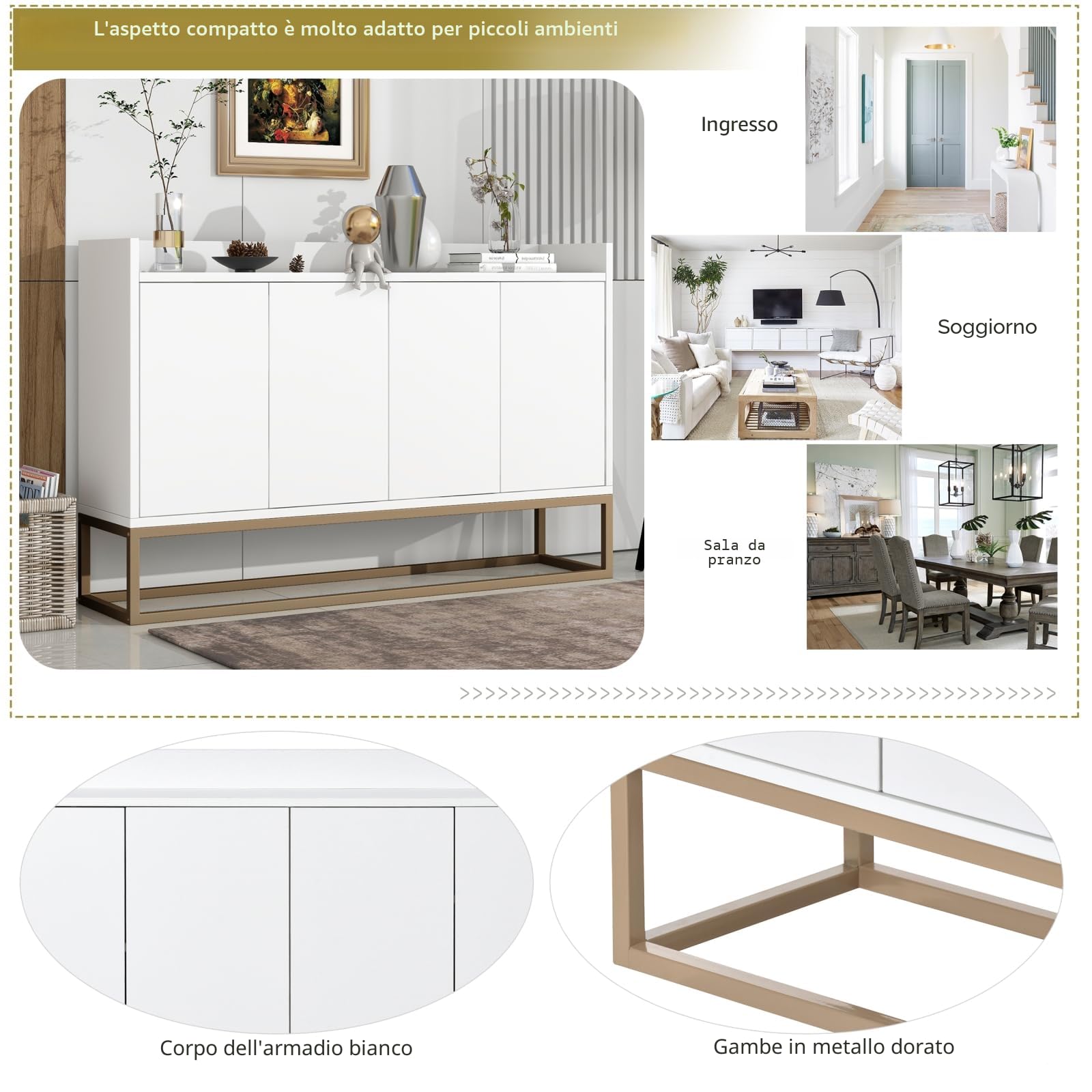 credenza per cucina 120 x 30 x 80 cm, mobile contenitore con 4 ante e ripiani regolabili, piedini in metallo, credenza moderna, sala da pranzo e soggiorno, bianco