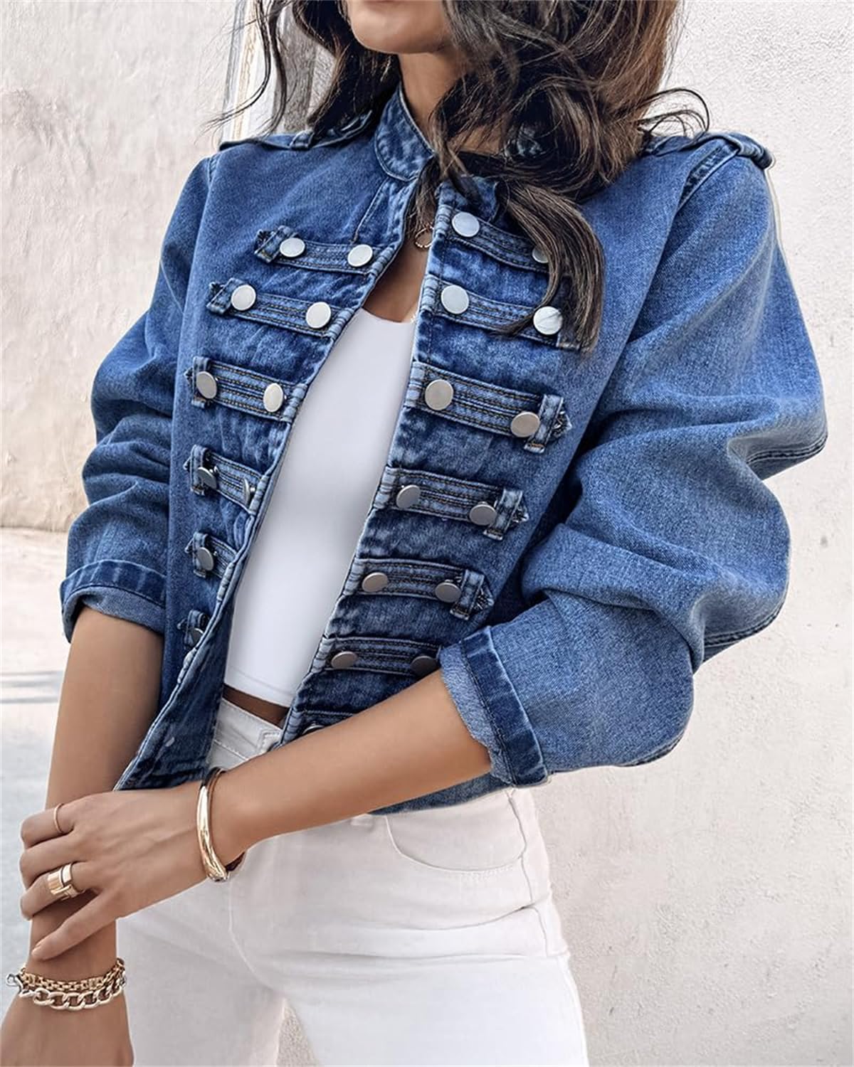 ORANDESIGNE Damen Jeansjacke Militär-Stil Stehkragen Kurze Denim-Jacke mit Stehkragen Zweireihig Lässiger Langarmmantel Steampunk Napoleon Jacke