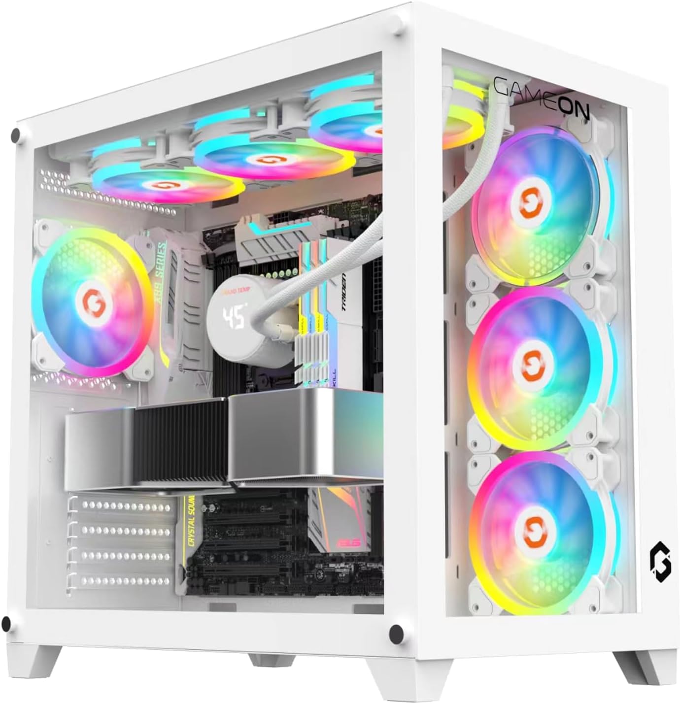 GAMEON Emperor Artic Series Mid Tower PC Gaming Case, 120mm ARGB+PWM Lighting, Tempered Glass, Pre-installed Cooling Fans Computer case, Dust Filters, Wide Motherboard Compatibility, White