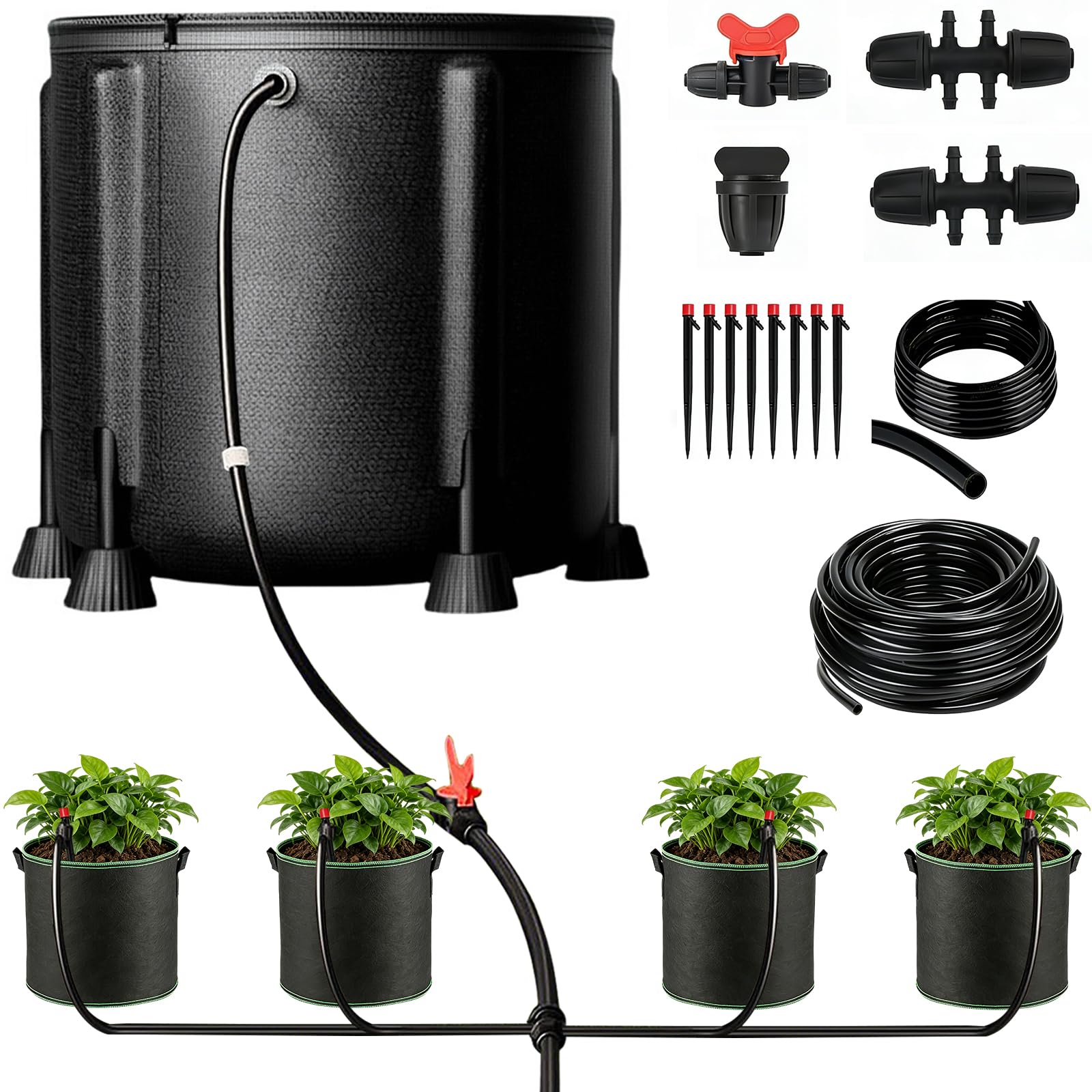Système d'irrigation automatique, kit d'irrigation goutte à goutte avec pompe à eau de 15 W et seau de 50 litres, 4 sacs de plantation en tissu non tissé, système d'irrigation de vacances pour jardin