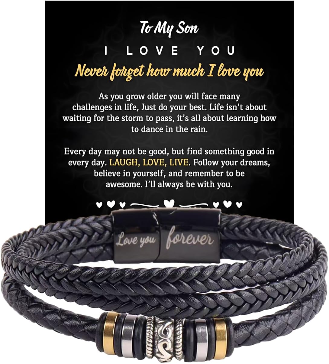 To My Son/Grandson Bracelet From Mom Grandmother, Forever Linked Together Black Braided Leather Infinity Knot Inspirational Bracelets Engraved Love You Forever Birthday Gift Jewelry