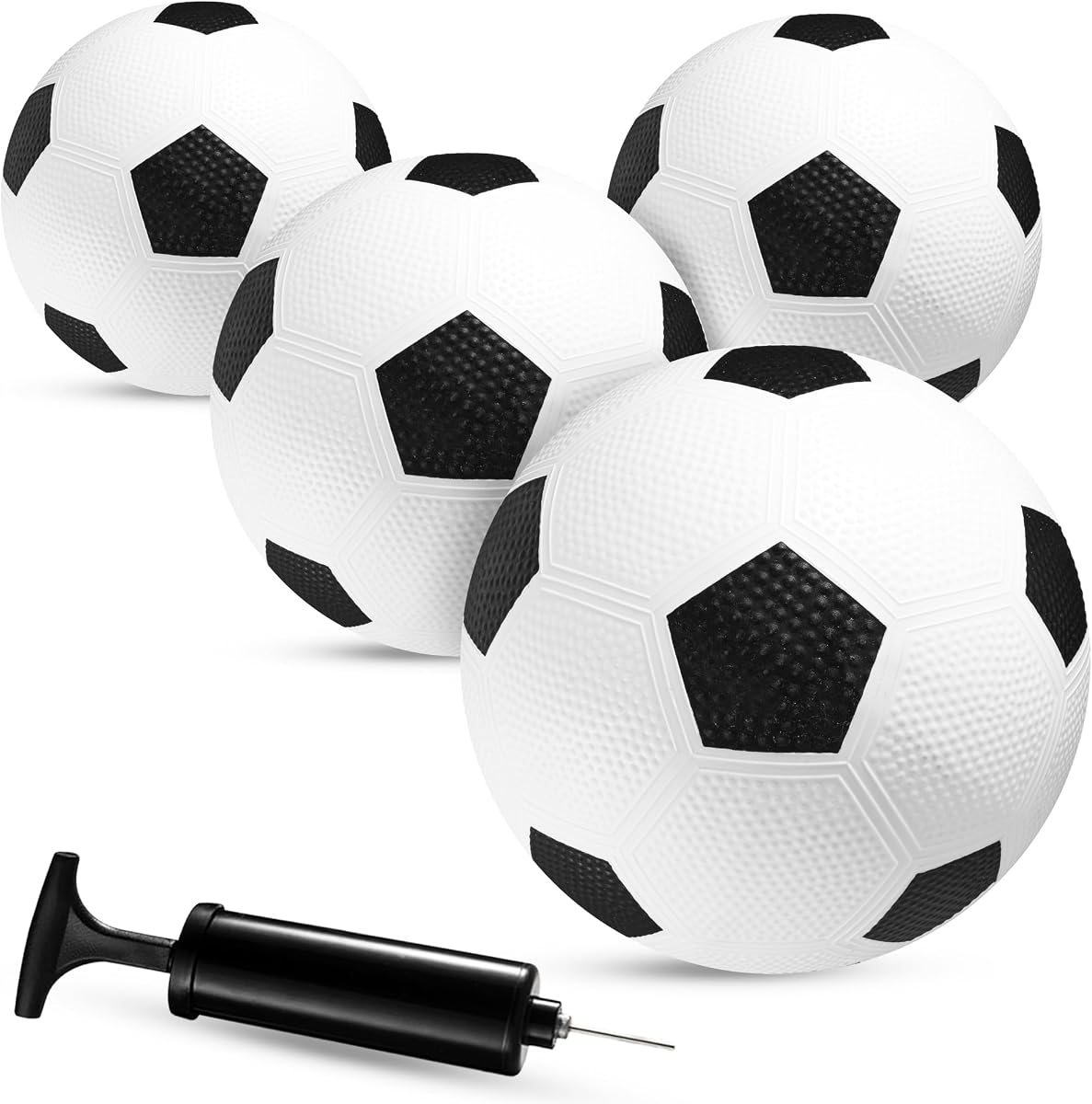 Balones de fútbol juveniles tamaño 3 (paquete de 4) con bomba para entrenamiento y juegos infantiles | Balones de fútbol de PVC duraderos para escuelas, recreo, juegos en el patio trasero, clubes, práctica en equipo, actividades de entrenamiento en interiores y exteriores
