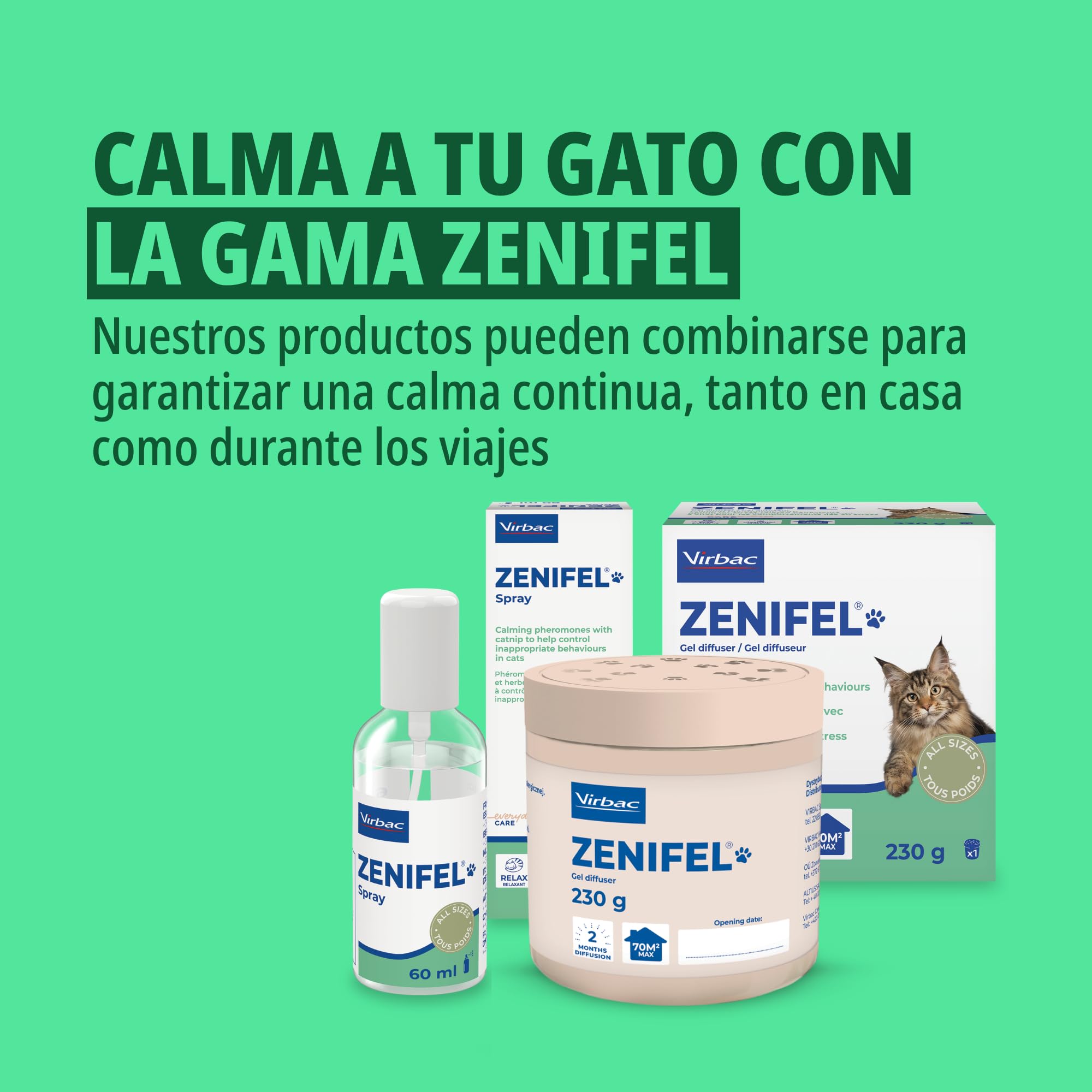 Virbac Zenifel Spray feromonas para Gatos - Antiestrés con feromonas y Catnip - Spray Relajante de acción rápida - 60ml