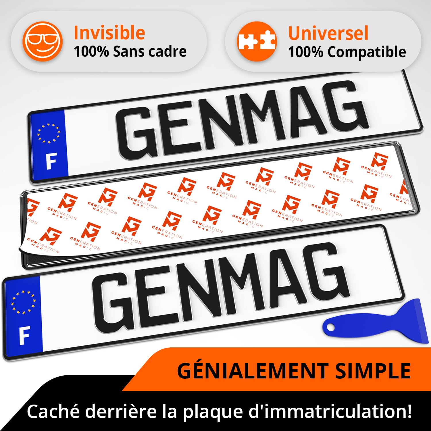 GENMAG® 2X Support de Plaque d'Immatriculation sans Cadre [Extra Fort & Universel] Support Plaque Immatriculation Voiture | Porte Plaque Immatriculation pour Auto Remorque Moto | Adhésif Invisible