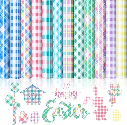 Whaline 12 hojas de vinilo de transferencia de calor colorido de búfalo a cuadros, patrón de cuadros HTV adhesivo para primavera, verano, Pascua,