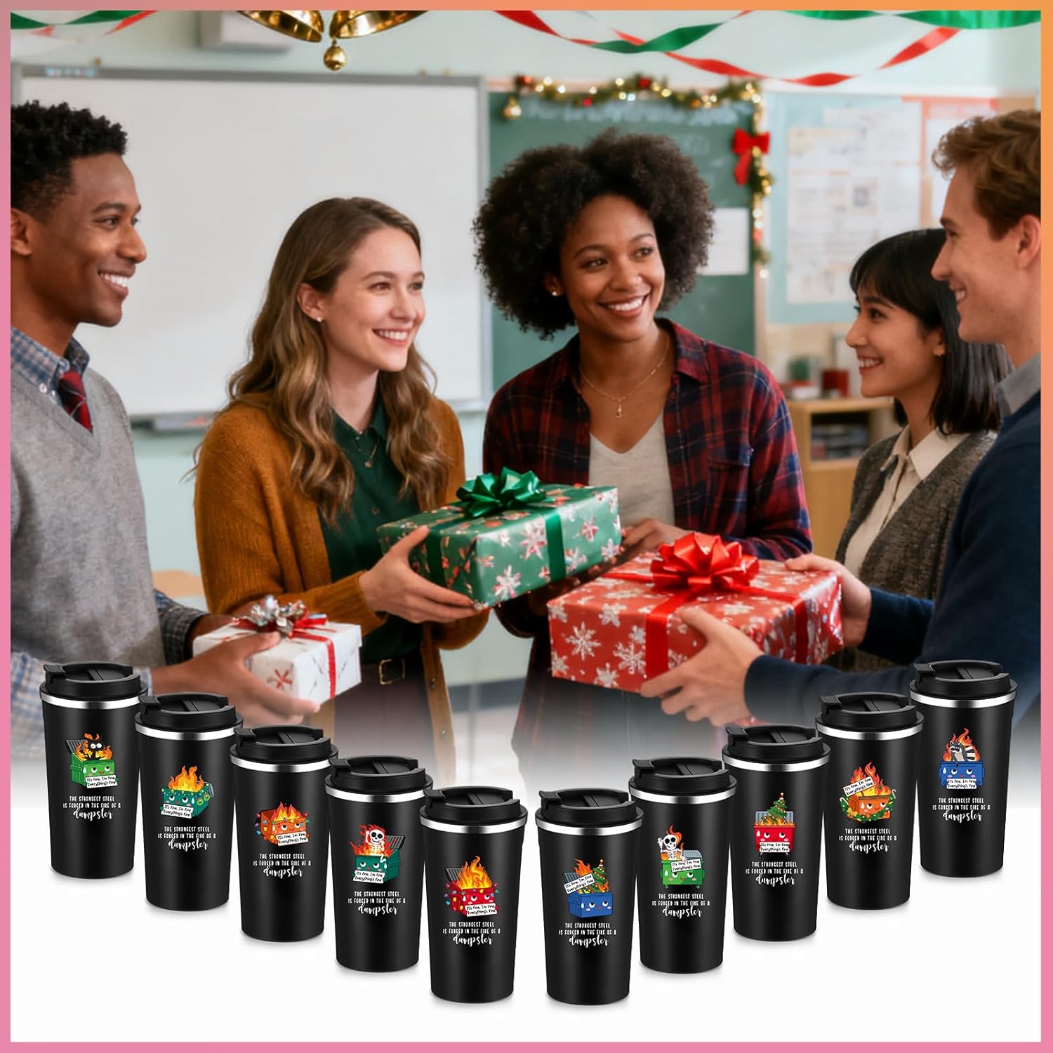 Skylety 10 Pcs Christmas Dumpster Fire Tumblers Funny Office Gifts for Coworkers White Elephant Gag Gifts 17oz Everything Is Fine Coffee Cup for Employee Team Work Friend Teacher(Xmas) - Image 6