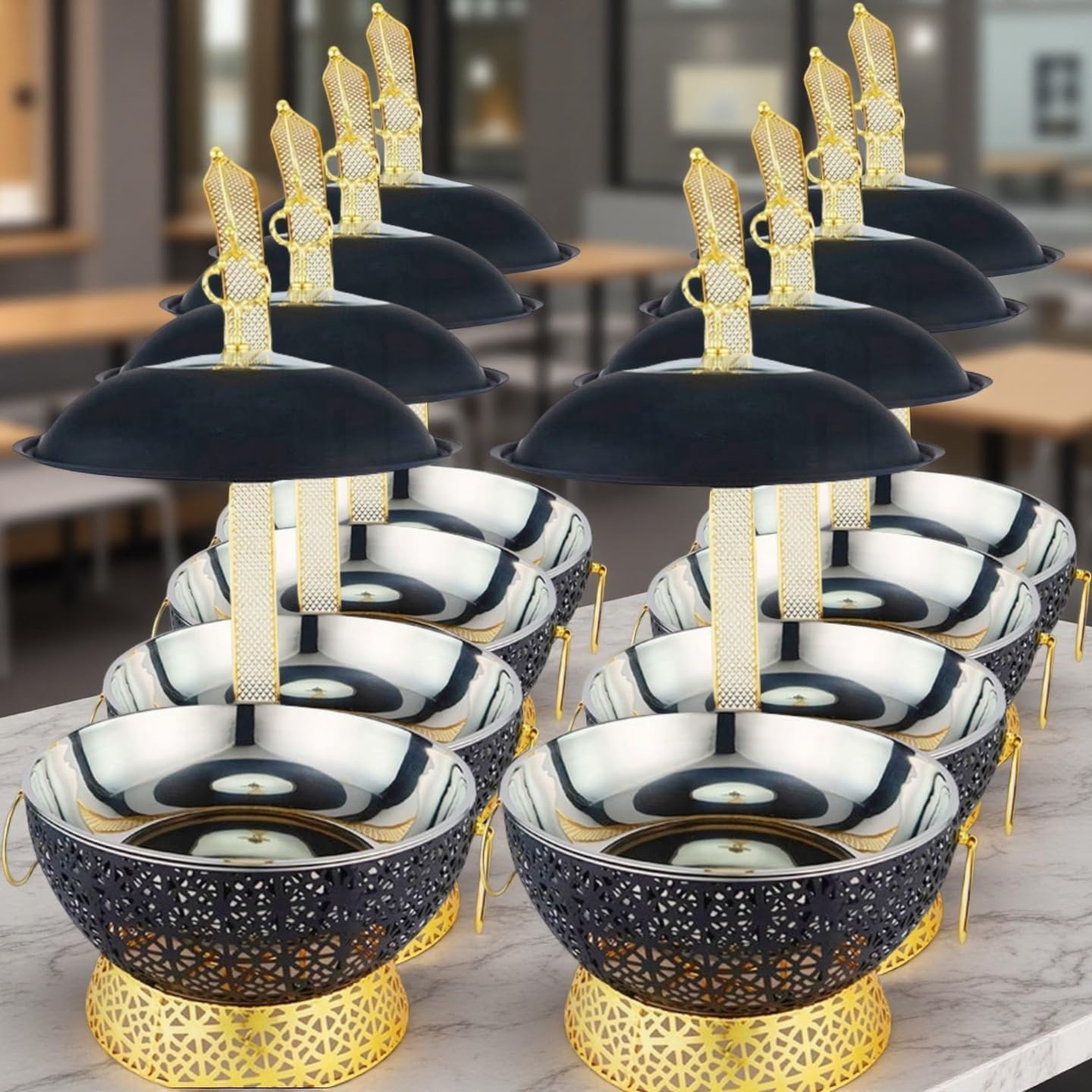 Black Chafing Dishes for Buffet,8Qt Luxury Chafing Dish with Hanging lid,Elegant Hollow-Out Buffet Warmer for Weddings, Parties, Catering & Events,4 Packs