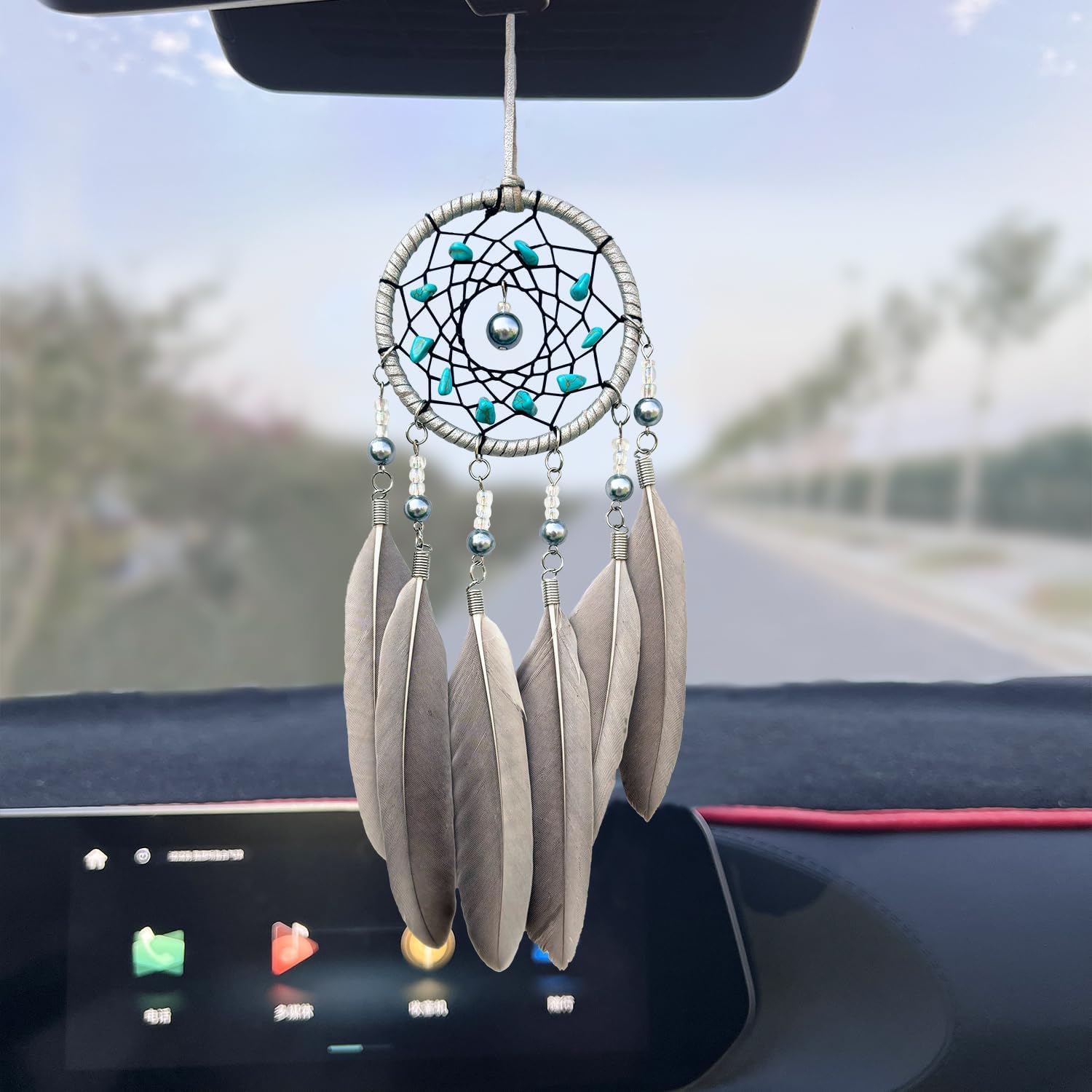 Small Dream Catchers for Cars Rear View Mirror, Handmade Car Charm Pendant Gray Feather and Turquoise Dream Catcher for Car Wall Bedroom Hanging Decorations