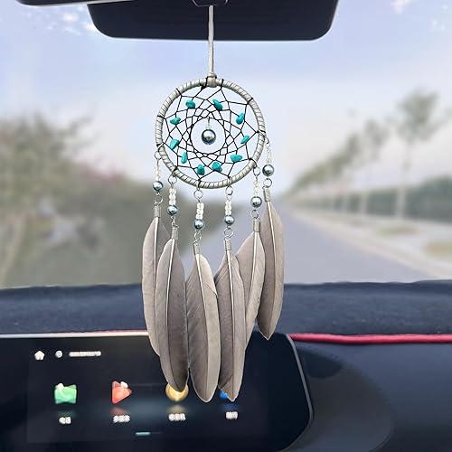 Atrapasueños pequeños para espejo retrovisor de coche, colgante hecho a mano con plumas grises y turquesa atrapasueños para decoración colgante de