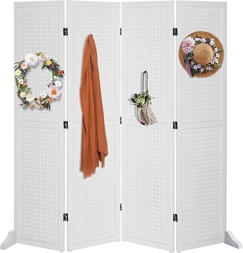 Bonnlo Tablero de clavijas de 4 paneles independiente, organizador portátil de 5 pies para exhibición de joyas, pantalla plegable de madera para