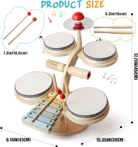 Miniatura 5 de BEAUAM Juego de batería para niños con panderetas, instrumentos musicales para bebés, juguetes musicales Montessori preescolar, kit de batería para
