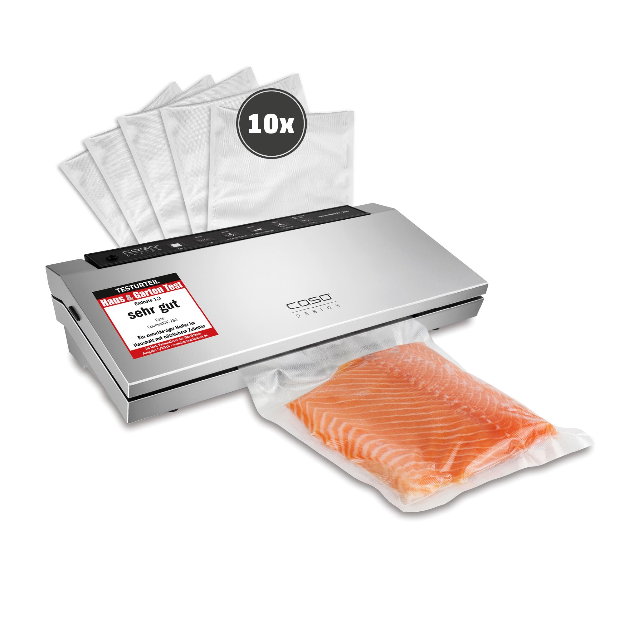 CASO GourmetVAC 280 - Vakuumierer, Vakuumiergerät, Inkl. 10 Beutel 20x30 | Testurteil Sehr Gut, doppelte Schweißnaht - Kolbenpumpe (15L/min), regulierbare Vakuumstärke & Schweißzeit