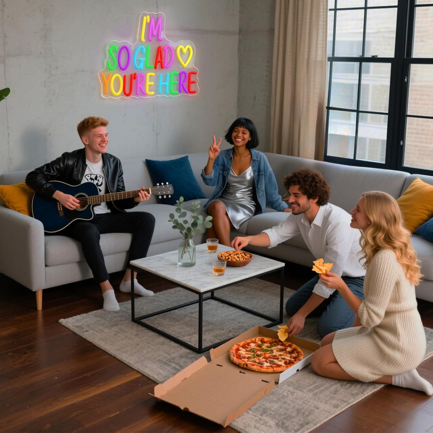 I'm So Glad You're Here Neon Sign, Letter Neon Signs for Wall Decor Dimmable Light up Sign, Classroom Wedding Kids Room Store Home Neon Decor 14.17 x 12.2 inch