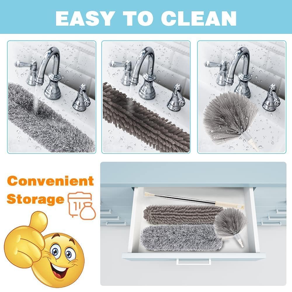 Recluse Extendable Duster Cleaning Kit – 3 in 1 Set with Pole, Microfiber, Chenille & Fan Duster Heads – Washable & Bendable Dusting Tools for Ceiling Fans, Blinds, High Ceilings & Furniture (Grey) 1