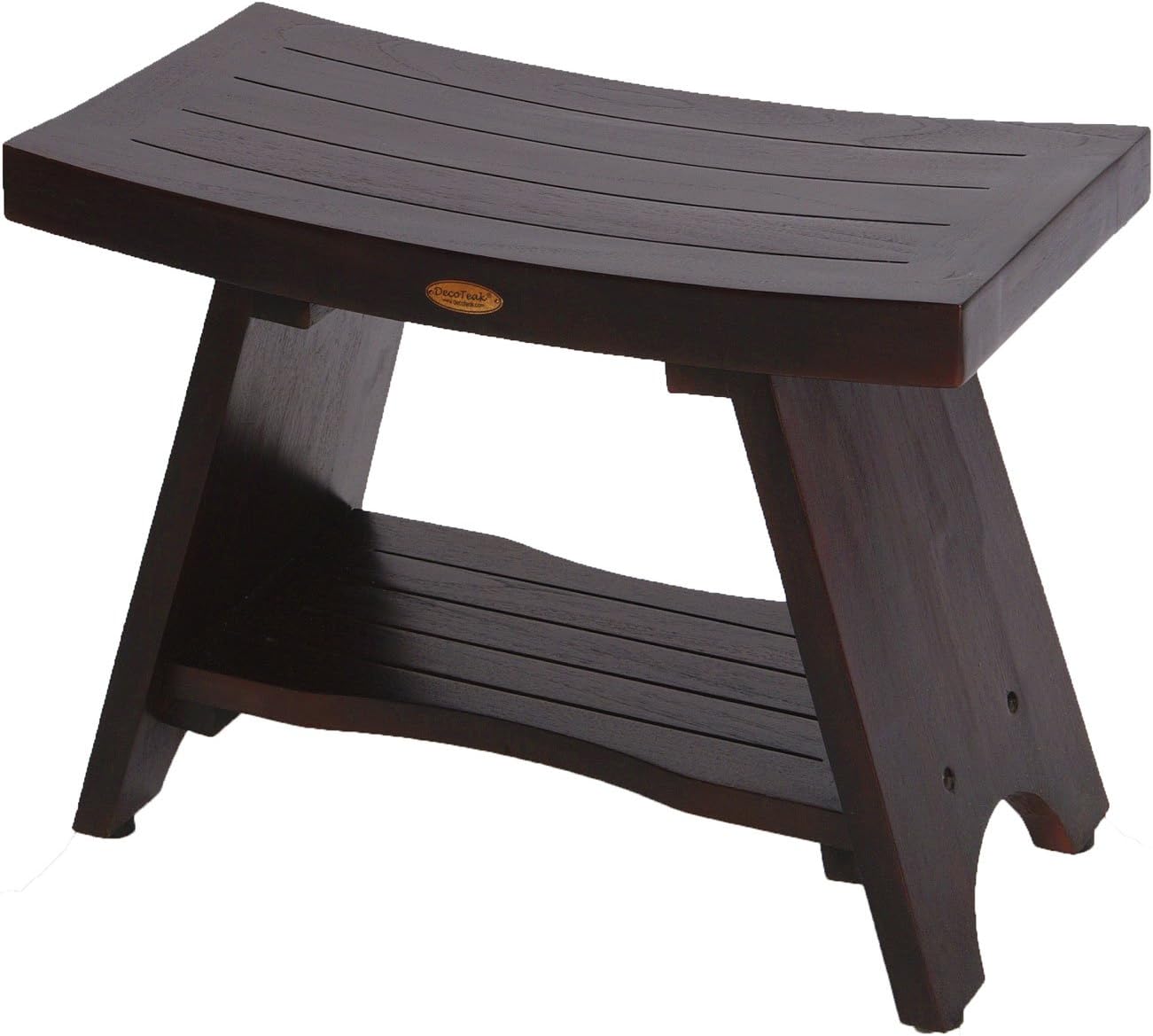 DecoTeak Serenity Shower Bench Wood Shower Stool with Curved Seat and Shelf 30" Long Eastern Style Shower Bench in Woodland Brown Finish for Indoors and Outdoors