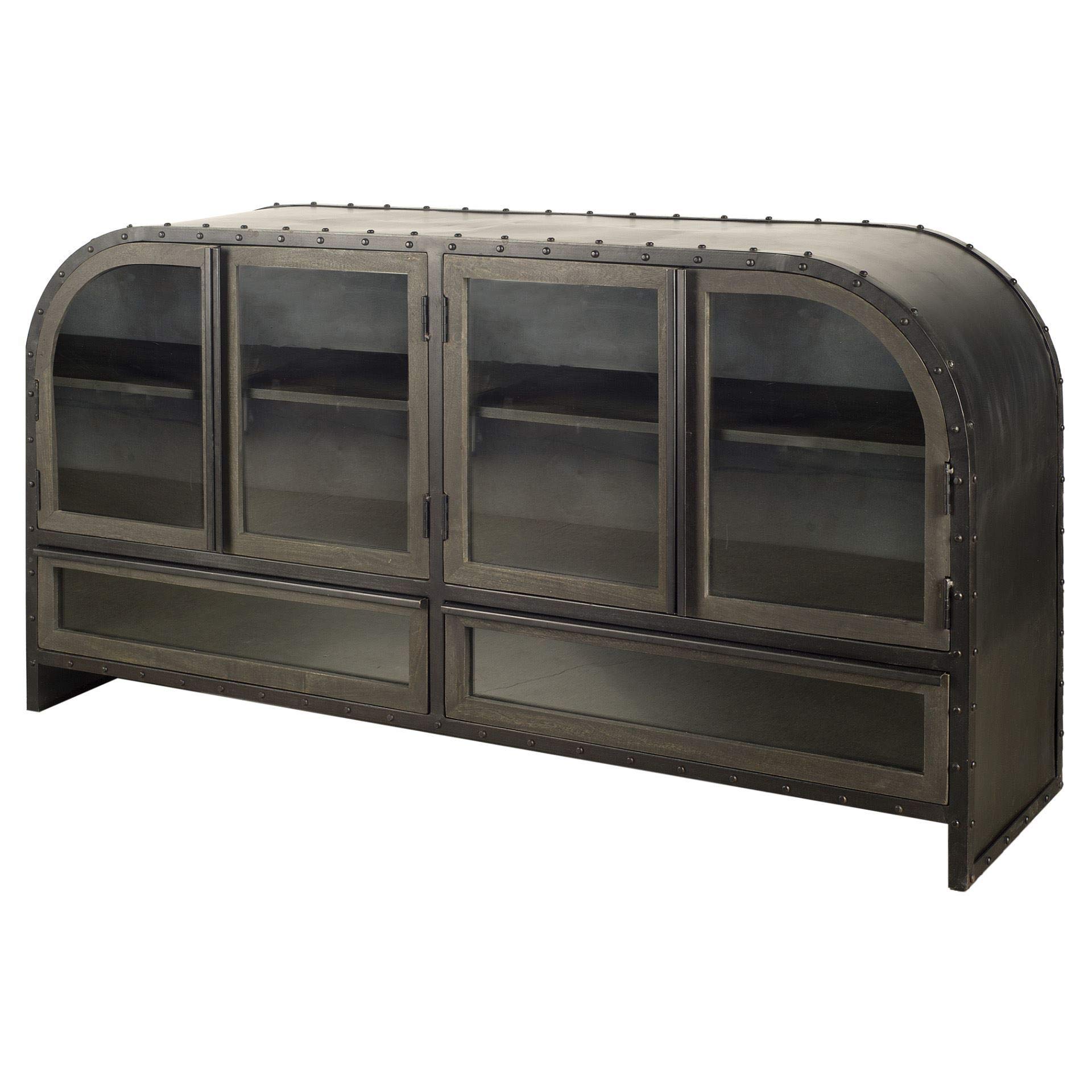 Mercana Industrial Sideboard with Glass Cabinets | Gehry Furniture & Decor Sideboard & Buffet, 62" x 16" x 33", Brown