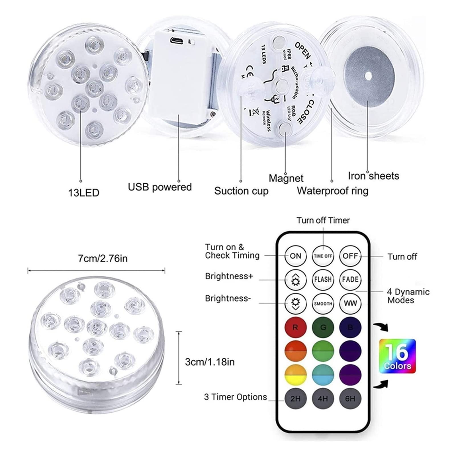 13 Le Ds sumergible magnético DIRIGIÓ Luz submarina impermeable ligera USB Lámpara de noche recargable piscina con tazas succión(1 Controller 1 Lamp)