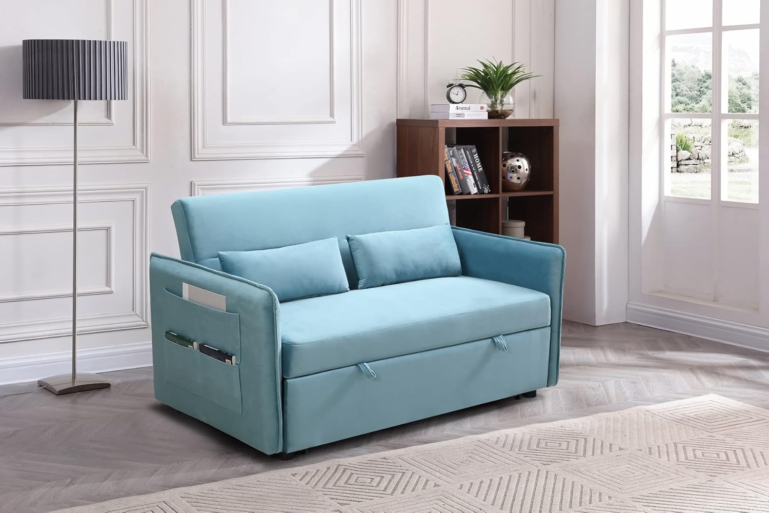 Merax Modern Convertible Sofa Bed with 2 Side Pockets,Fabric Loveseat Sofa with Pull Out Bed, 2 Pillows and Living Room Adjustable Backrest
