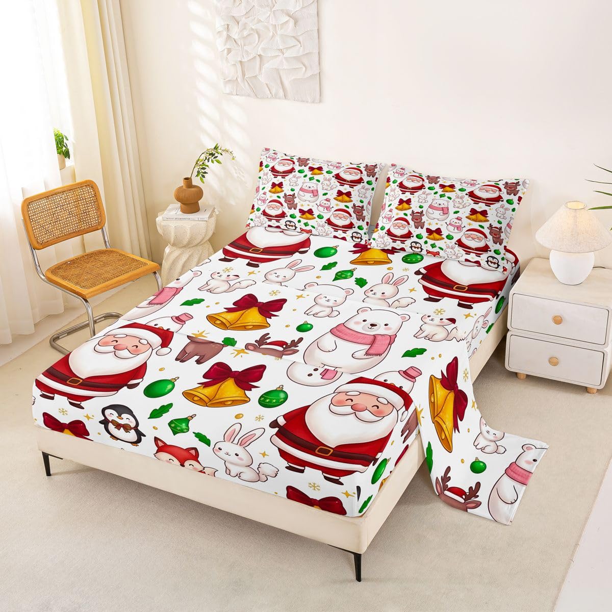 Juego de sábanas navideñas con diseño de campanas navideñas con 2 fundas de almohada, 4 fundas de almohada, 4 piezas, cama completa