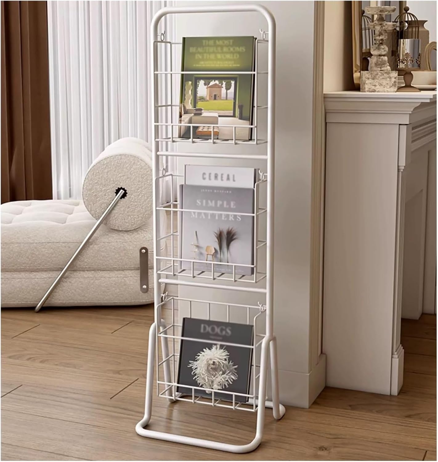 MObyat Modern 3-Tier Magazine Holder Literature Storage Rack, Space Saver FreeStanding Bookshelf Organizer Record Storage Rack, Home Decor Furniture(White)