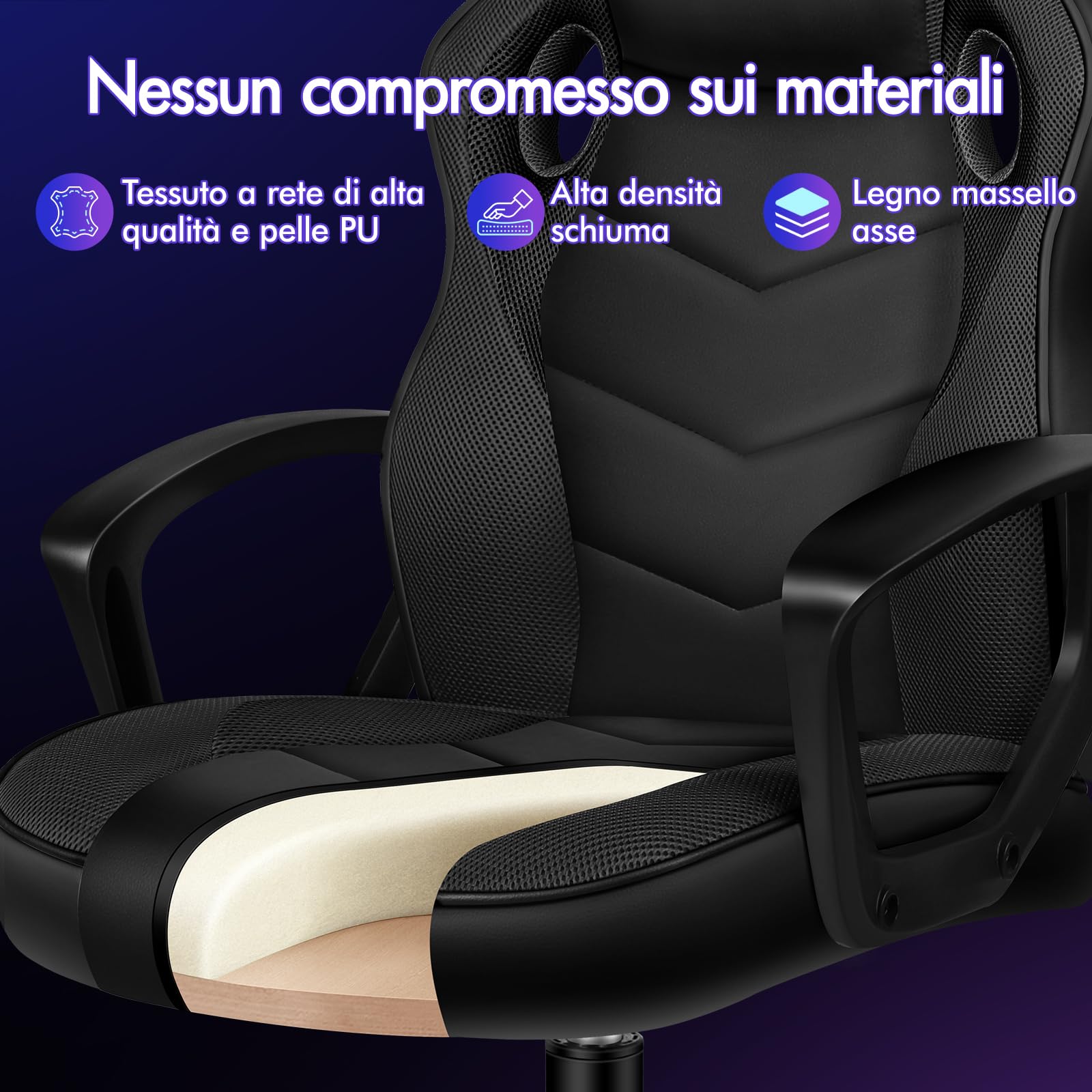 ALFORDSON Racing Sedia Ufficio Ergonomica con Ruote, Sedia Gaming in Similpelle e Rete Traspirante, Funzione di inclinazione, Altezza Regolabile, Poltrona Gamer per Computer Supporta 150 kg(Nera)