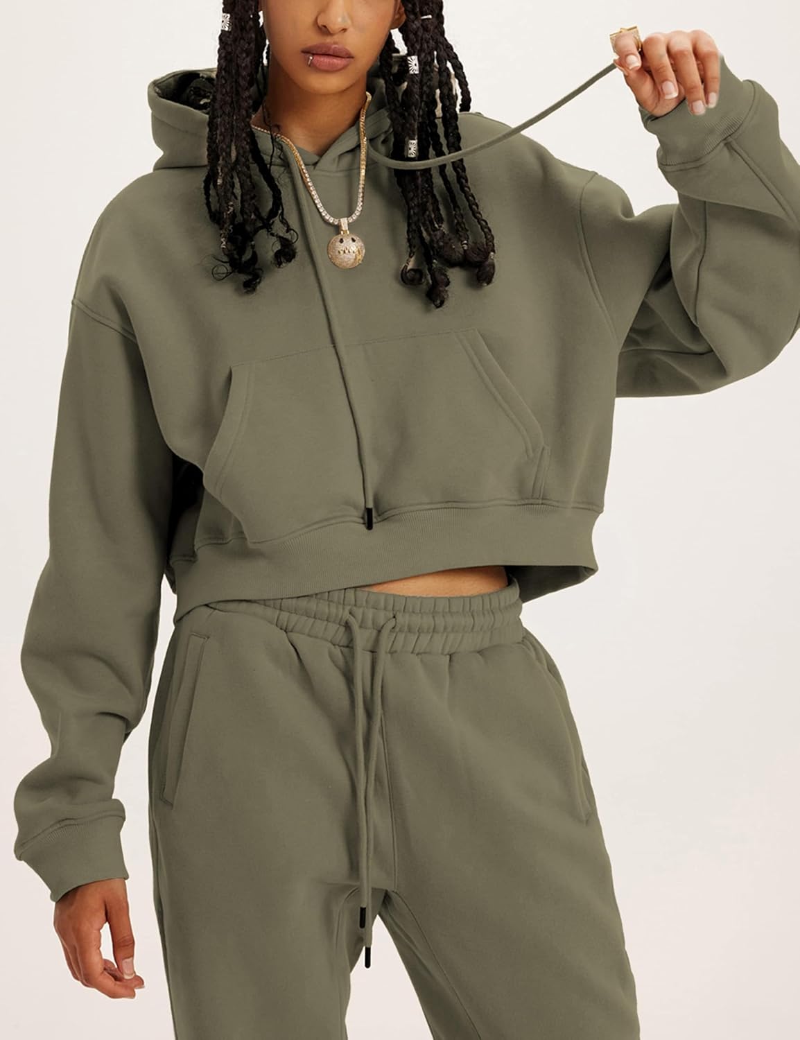 LTSCNRM Women's 2 Piece Airport Outfits Fleece Crop Hoodies Pullover Sweatshirt Sweatsuits Joggers Pants Pockets - Image 3