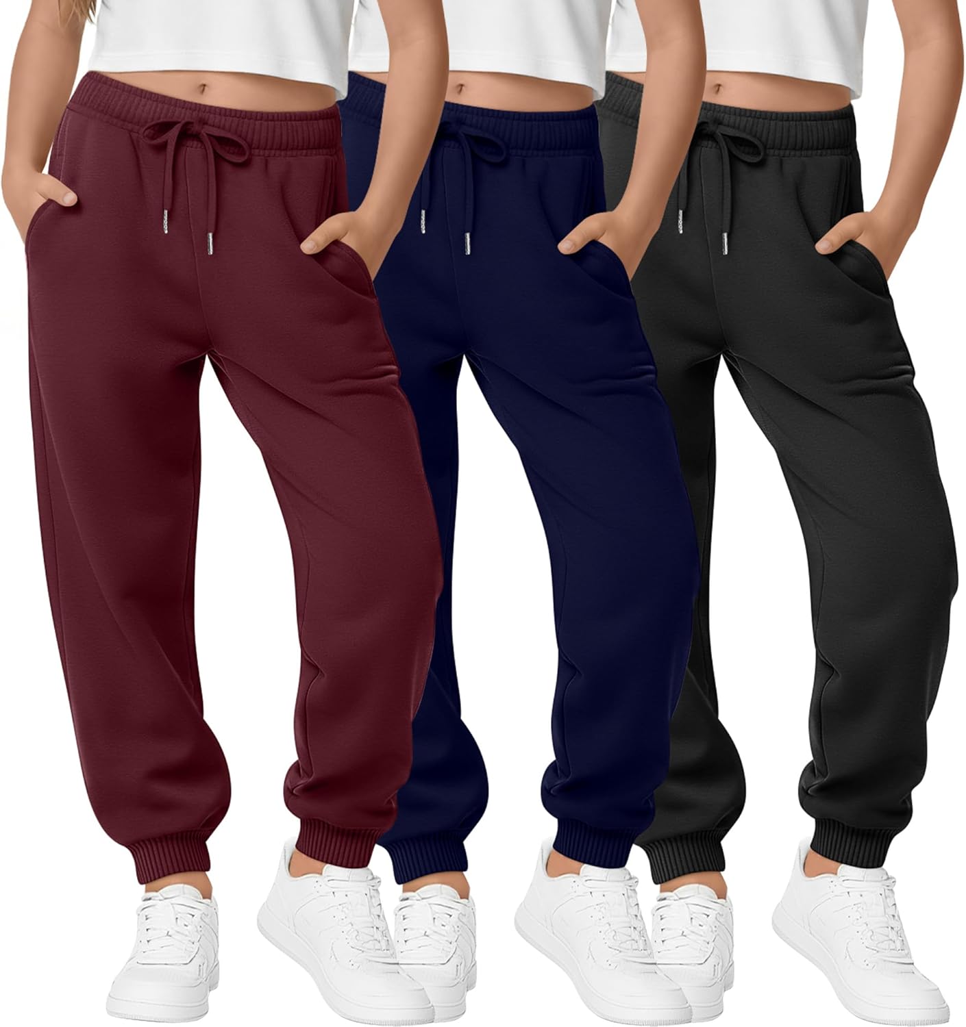 3 Pack Girls Sweatpants Joggers Baggy Ribbed Cuff Elastic Waist Drawstring for Kids Casual Teen Pants with Pockets