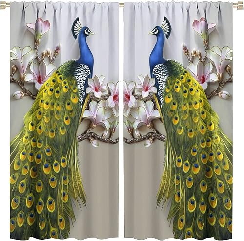 Miniatura 99 de Cortina opaca con estampado de pavo real, con estampado de animales retro, con bolsillo para cortinero y flores de peonía doradas, para dormitorio,