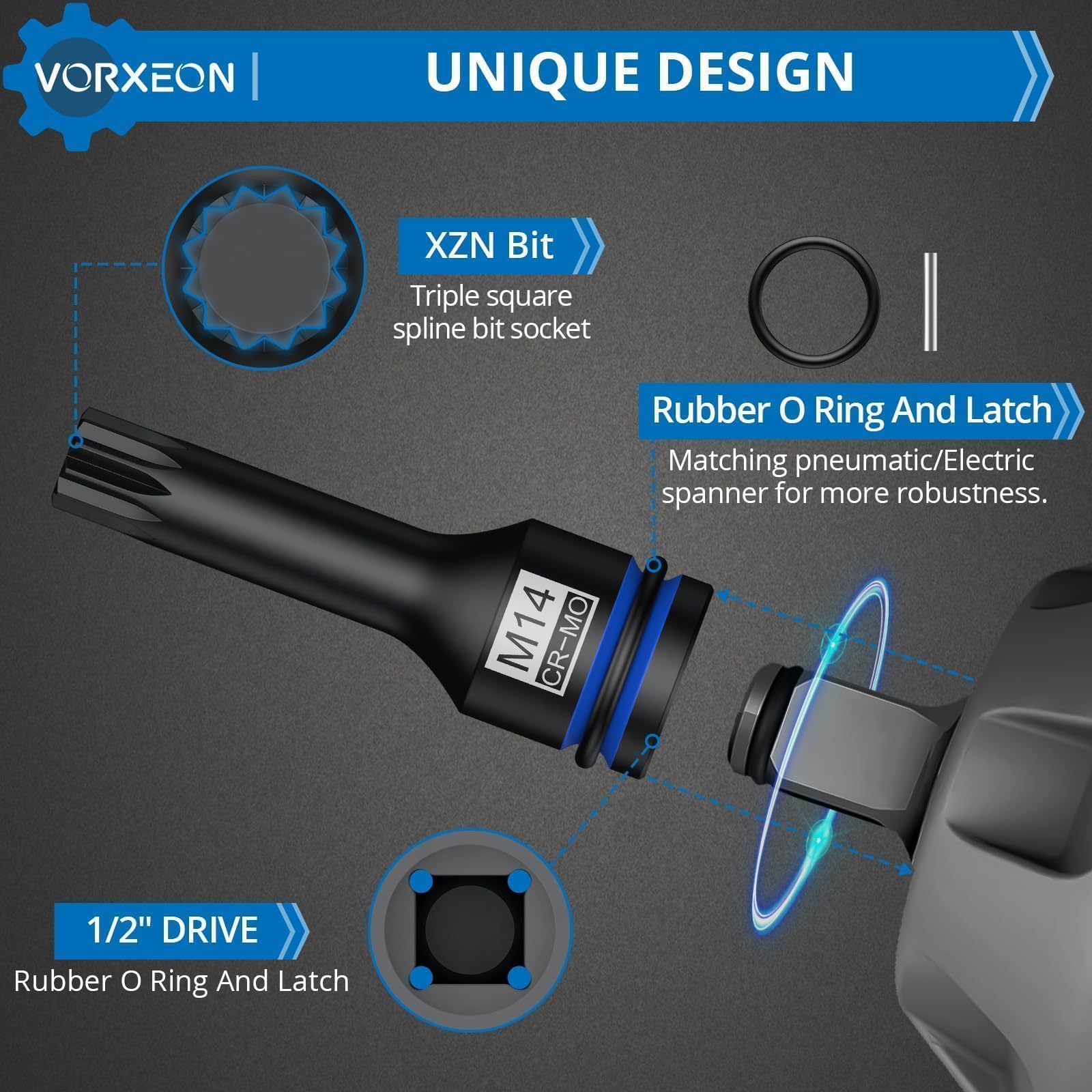 VORXEON 6PC 1/2" Drive Impact XZN Bit Socket Set 42CRMO Steel - Image 3