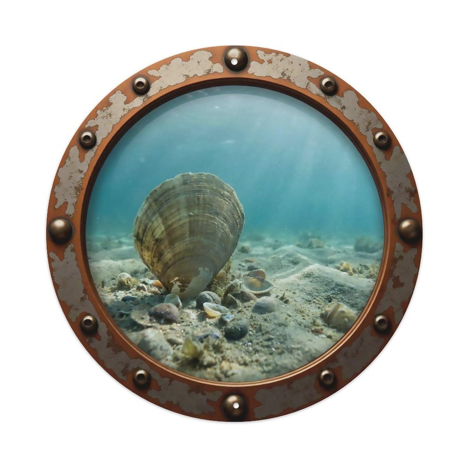 Odgynaw 8X8inch(20X20cm) Vintage Porthole Pen Shell Nautical Window View Metal Tin Sign