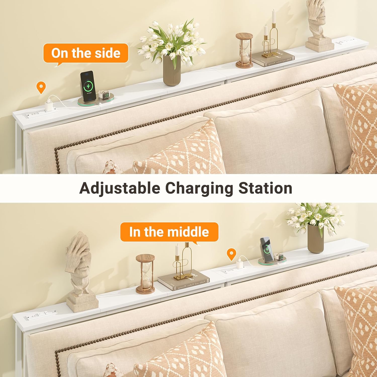 Two images side-by-side showing the charging station placed on the side and in the middle of the console table behind a sofa.