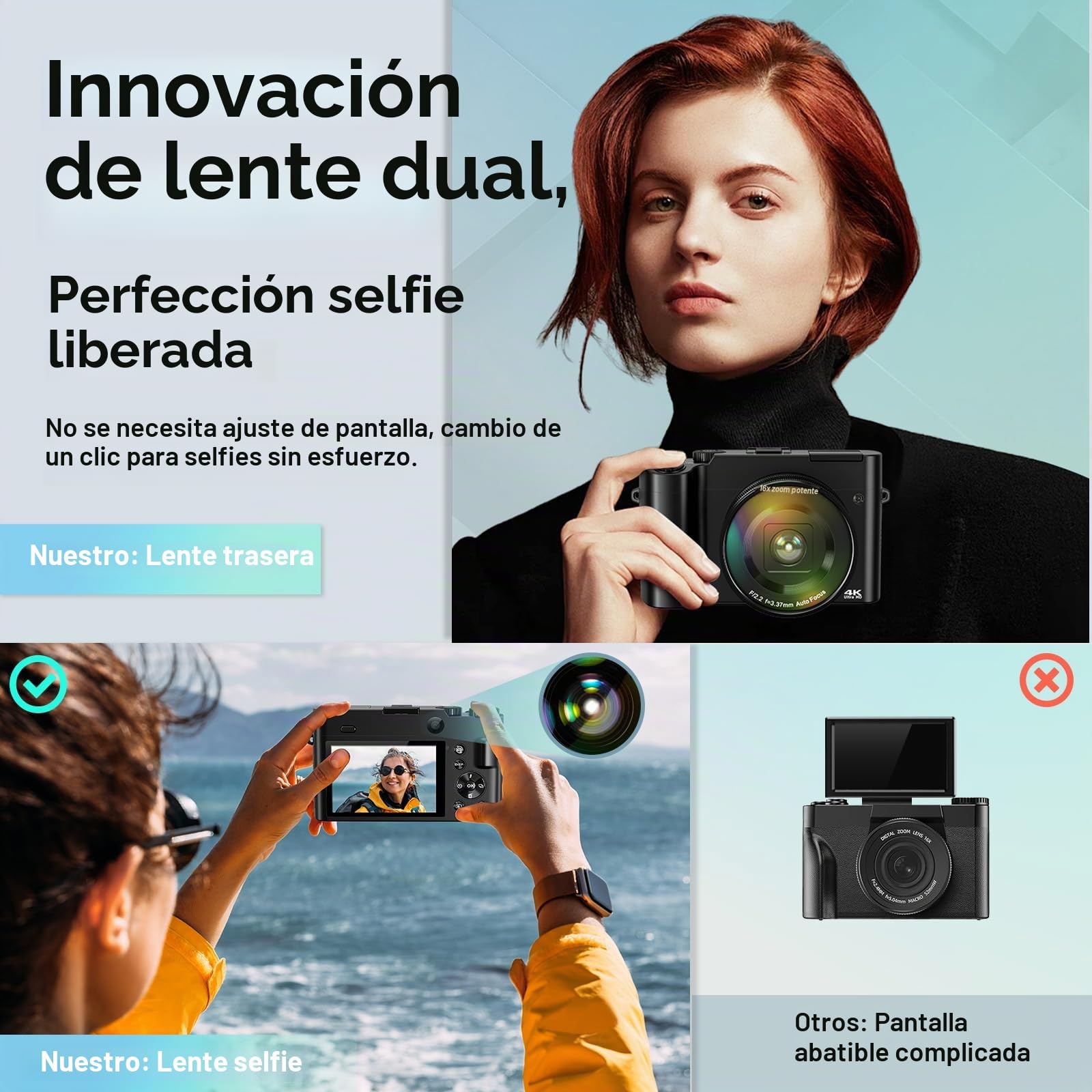 Cámara Digital, Cámara de Fotos HD 4K 64MP Zoom 16X, Cámara de Fotos Selfie con Enfoque Automático, Flash Incorporado Recargable Camara con 2 baterías, 1 Cargador de batería (Tarjeta SD no incluida)