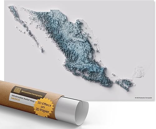 Restoration Cartographic Mapa de pared de México, impresión minimalista en relieve sombreado, arte de pared topográfico 2D para decoración del