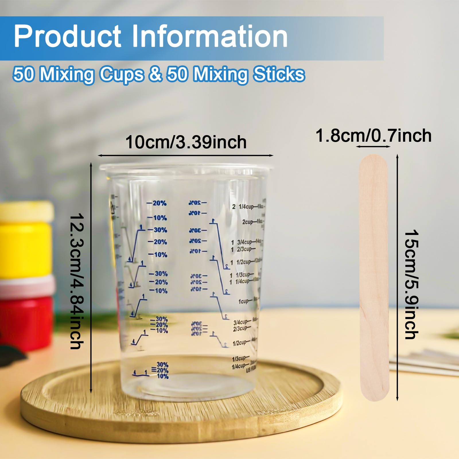 Paquete de 50 tazas medidoras de plástico para líquidos de 20 onzas (600 ml), vasos desechables para mezcla de pintura para resina epoxi, tazas medidoras desechables para resina, relaciones de