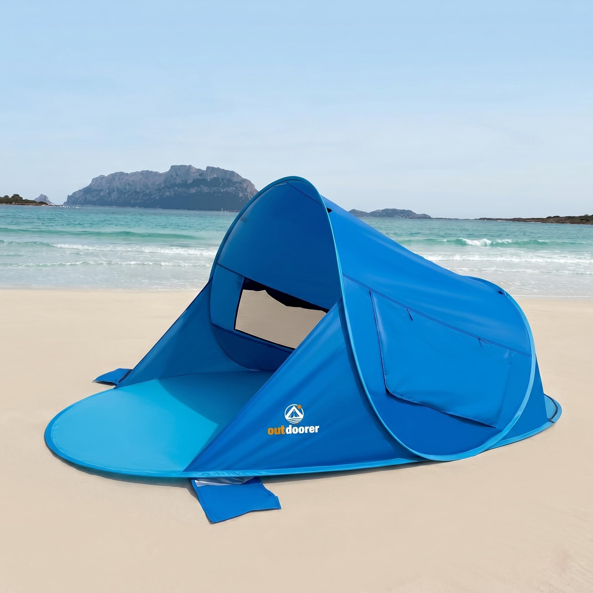 outdoorer Tente de plage Pop Up Beach Air UV 80, 245 x 145 x 100 cm, parfaitement ventilée, 2 fenêtres, 1 porte verrouillable, haute protection UV avec revêtement argenté, 2 adultes et 1 à 2 enfants