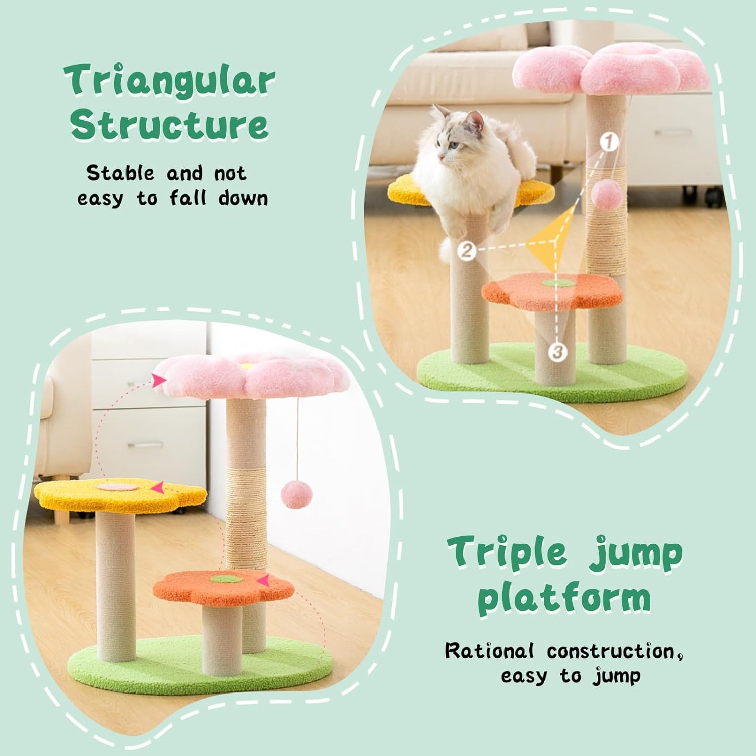 Albero per Gatti da Interno Esterno Tiragraffi per Gatti con Fiori E Tiragraffi per Gatti da Interni con 3 Trespoli in Peluche E Palla Sospesa(19.3 * 14.2 * 22.8in)
