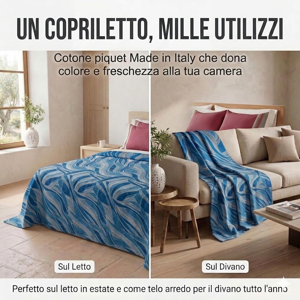 fashion home Pagano Copriletto Matrimoniale in Cotone Piquet Leggero, Copritutto Multiuso Floreale, Copridivano Estivo Primaverile Traspirante, Ottanio