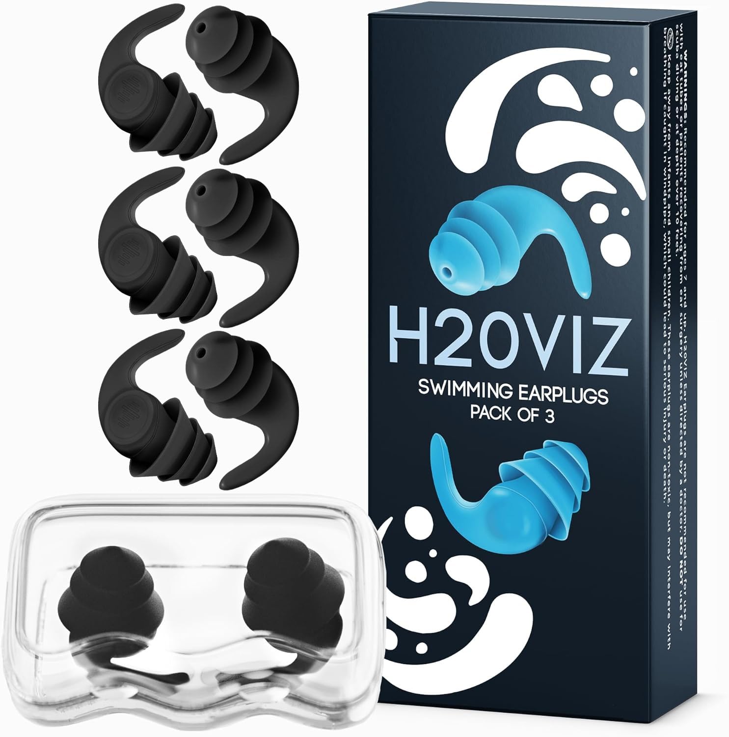 H20VIZ Pro Swim Ear Plugs | 3 Pairs | Waterproof, Reusable Silicone Earplugs for Swimming, Surfing, Snorkeling & All Water Sports (Black, 3 Pairs)