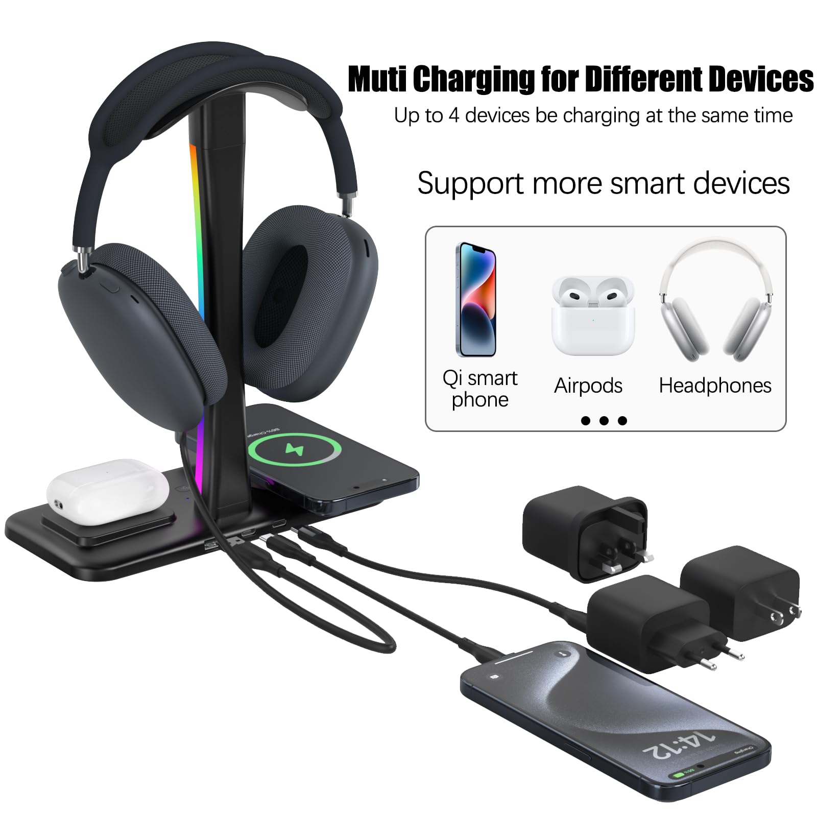 Supporto Per Cuffie con Caricabatterie Wireless,Suppor to Per Cuffie Da Gioco con Luce RGB,Supporto Per Airpod Max Compatibile con Airpod Pro/3/2,iPhone 16/15/14/13/12/11,Regali per Uomini Do (Nero)