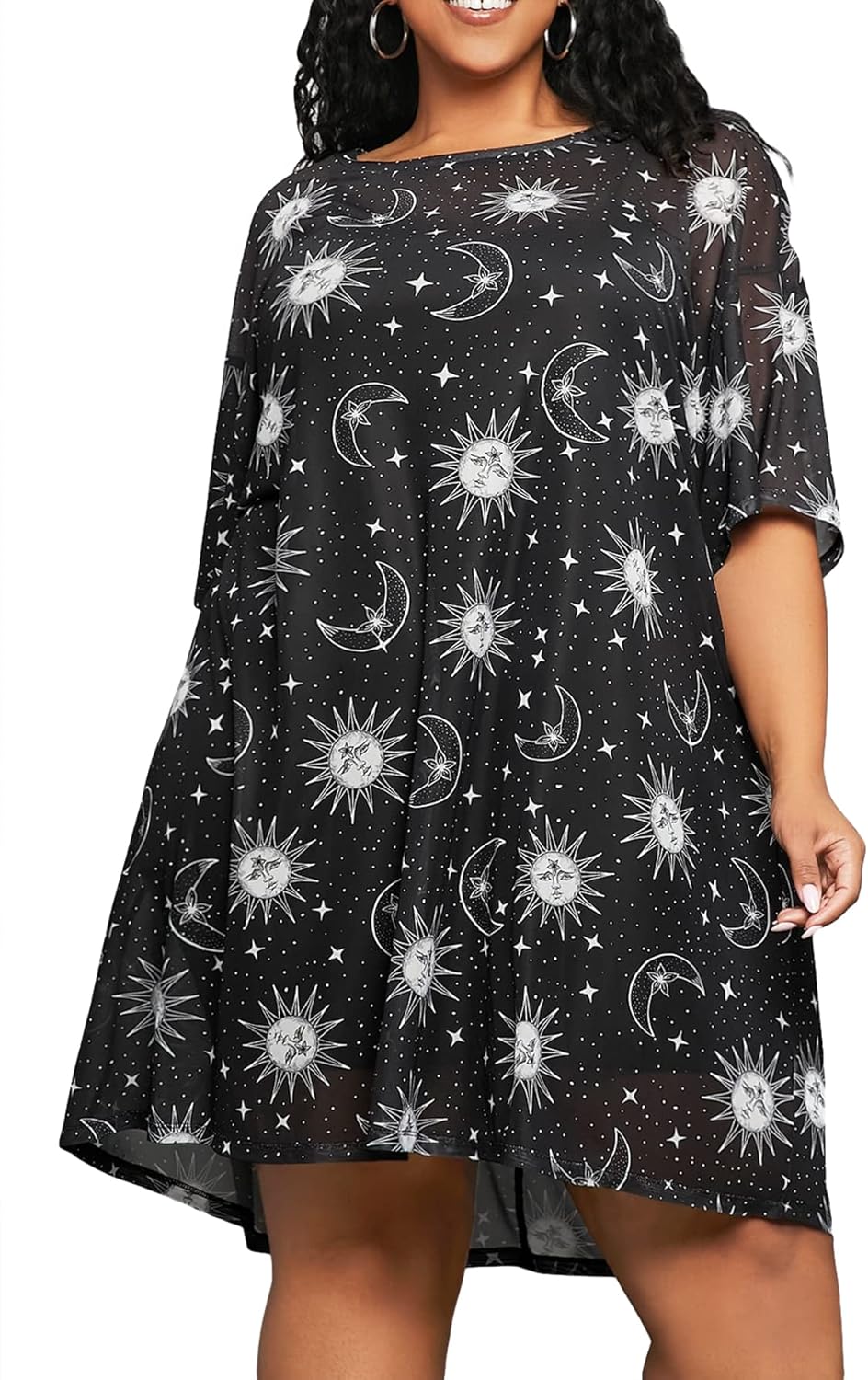 WDIRARA Women's Plus Size Galaxy Print Mesh Round Neck Short