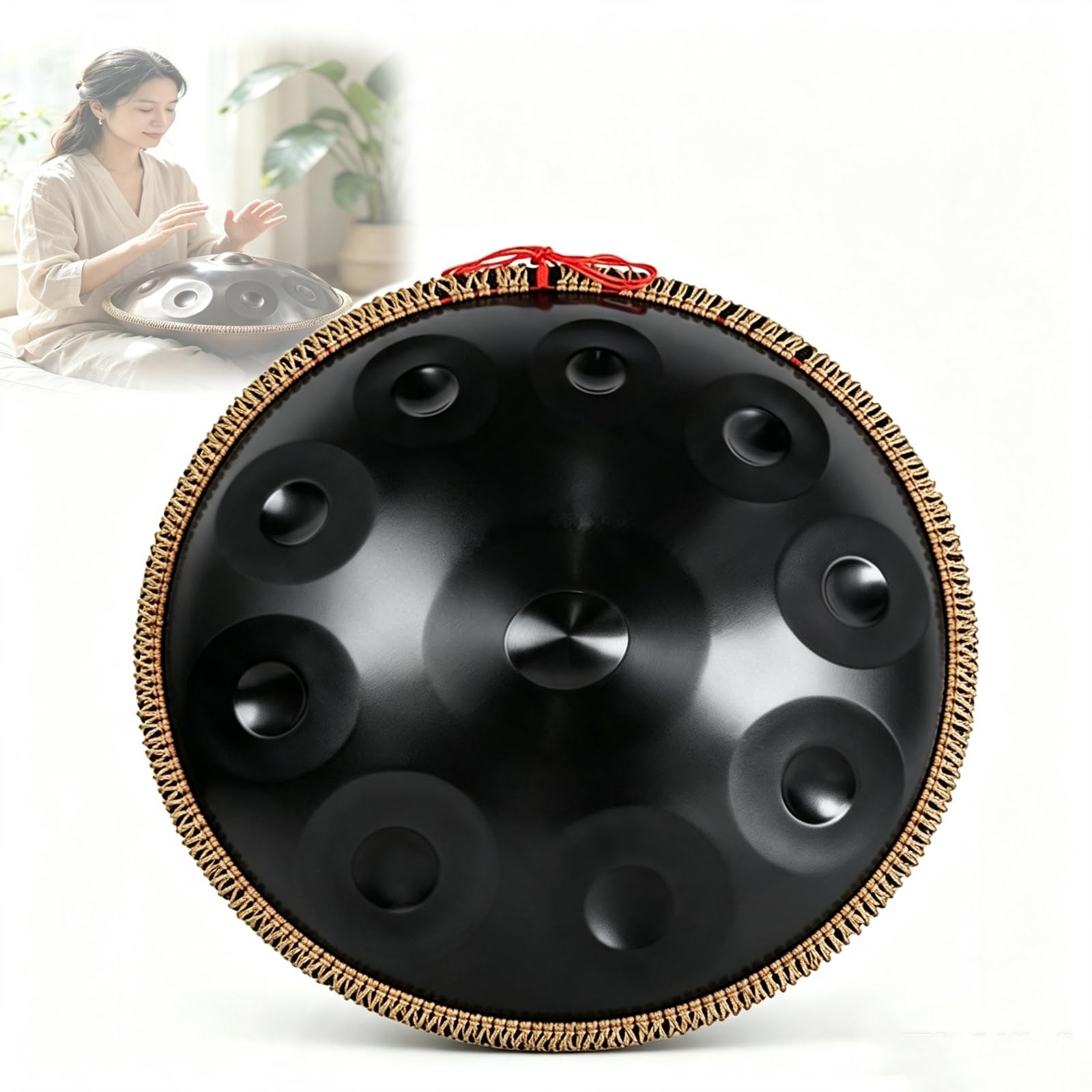 Handpan Curdo In Re Minore Da 22 Pollici, Strumento A Percussione In Acciaio A 10 Note Per La Meditazione, Set Di Handpan Con Borsa Per Il Trasporto, Sgabello Pieghevole, Bacchette, Corda, Black