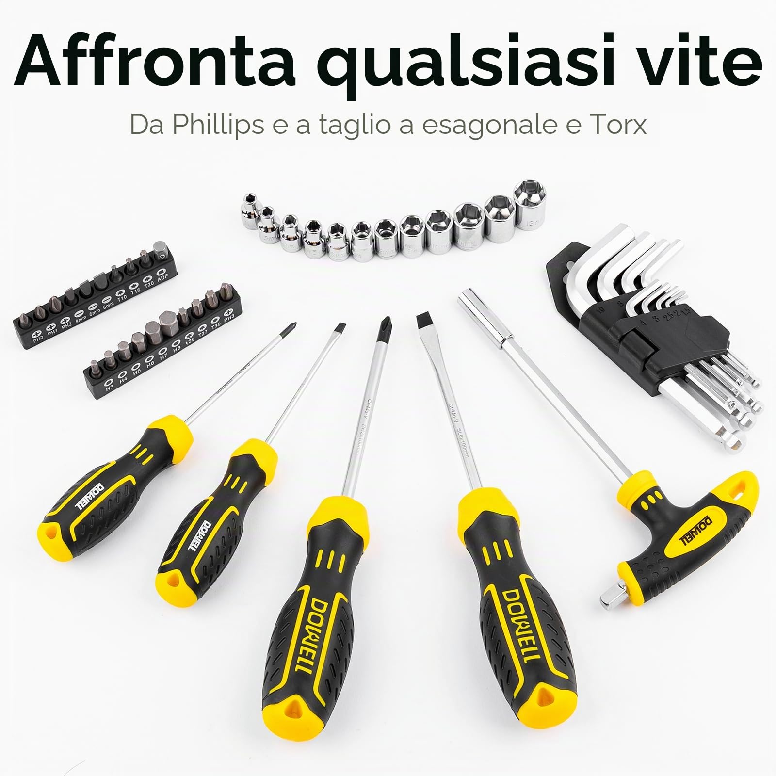 DOWELL Set di attrezzi Kit attrezzi 62 pezzi Set di strumenti per il proprietario di casa Chiave inglese Pinze Set di cacciaviti Kit di strumenti di riparazione