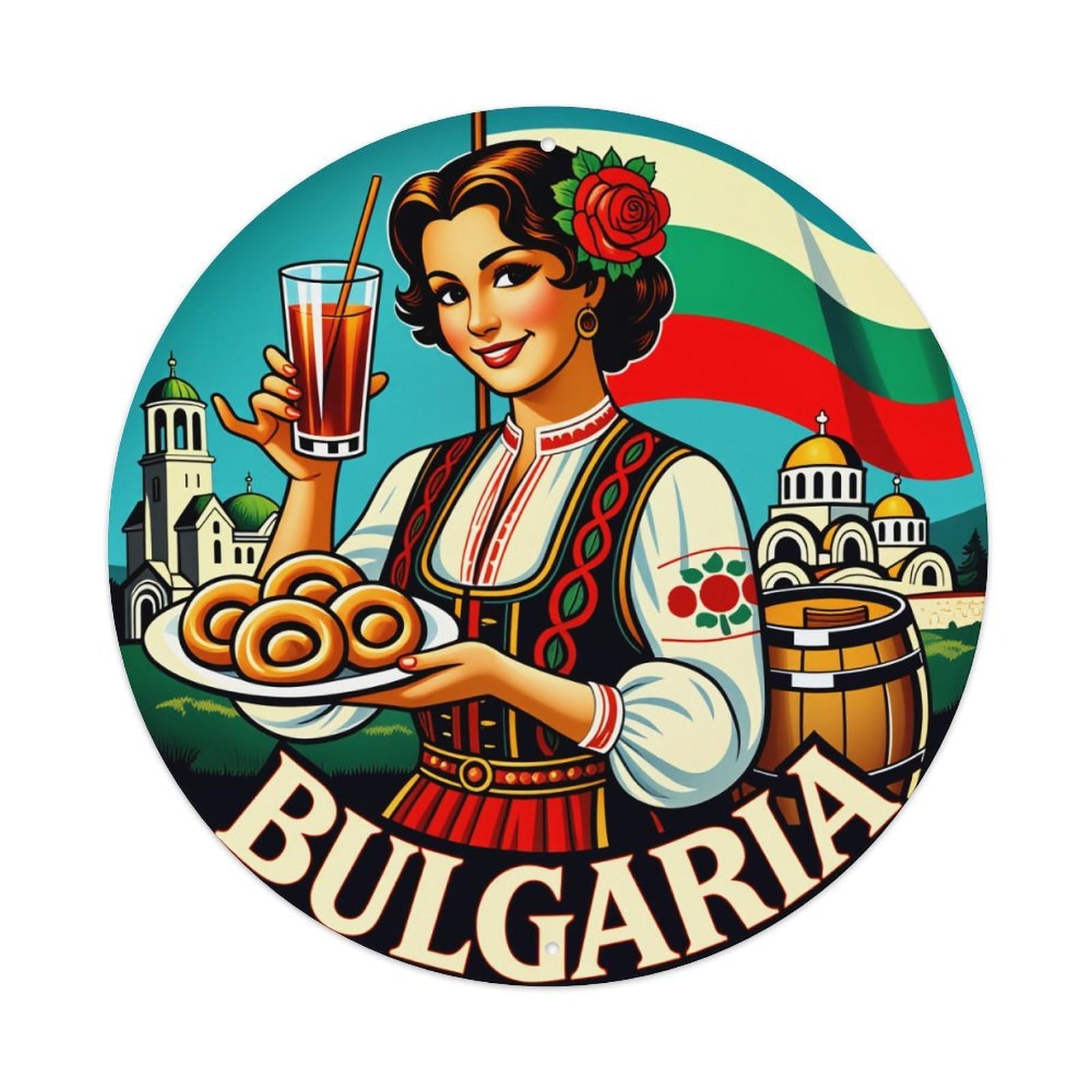 Bulgarian Traditional Costume Flag Food Metal Tin Sign Vintage Garden Bedroom Cafe Bar Man Cave Home Wall Decor Metal Poster 8x8 inches
