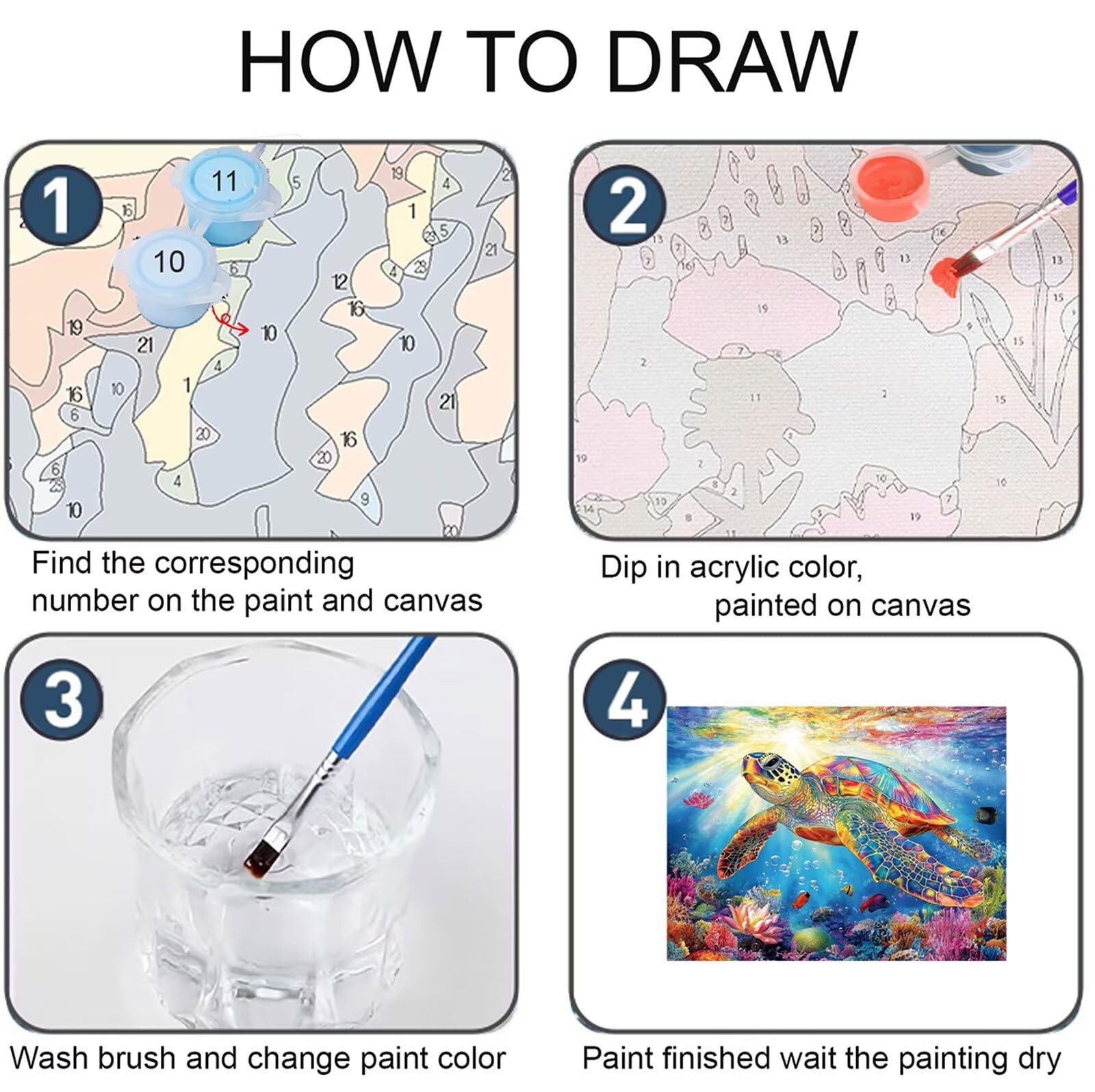 Malowanie według liczb, dla dzieci od 10, żółw, malowanie według liczb, dla dorosłych, duży, 60 x 90 cm, zwierzęta, malowanie liczbami, farby akrylowe, "zrób to sam", obraz olejny na płótnie, zestaw