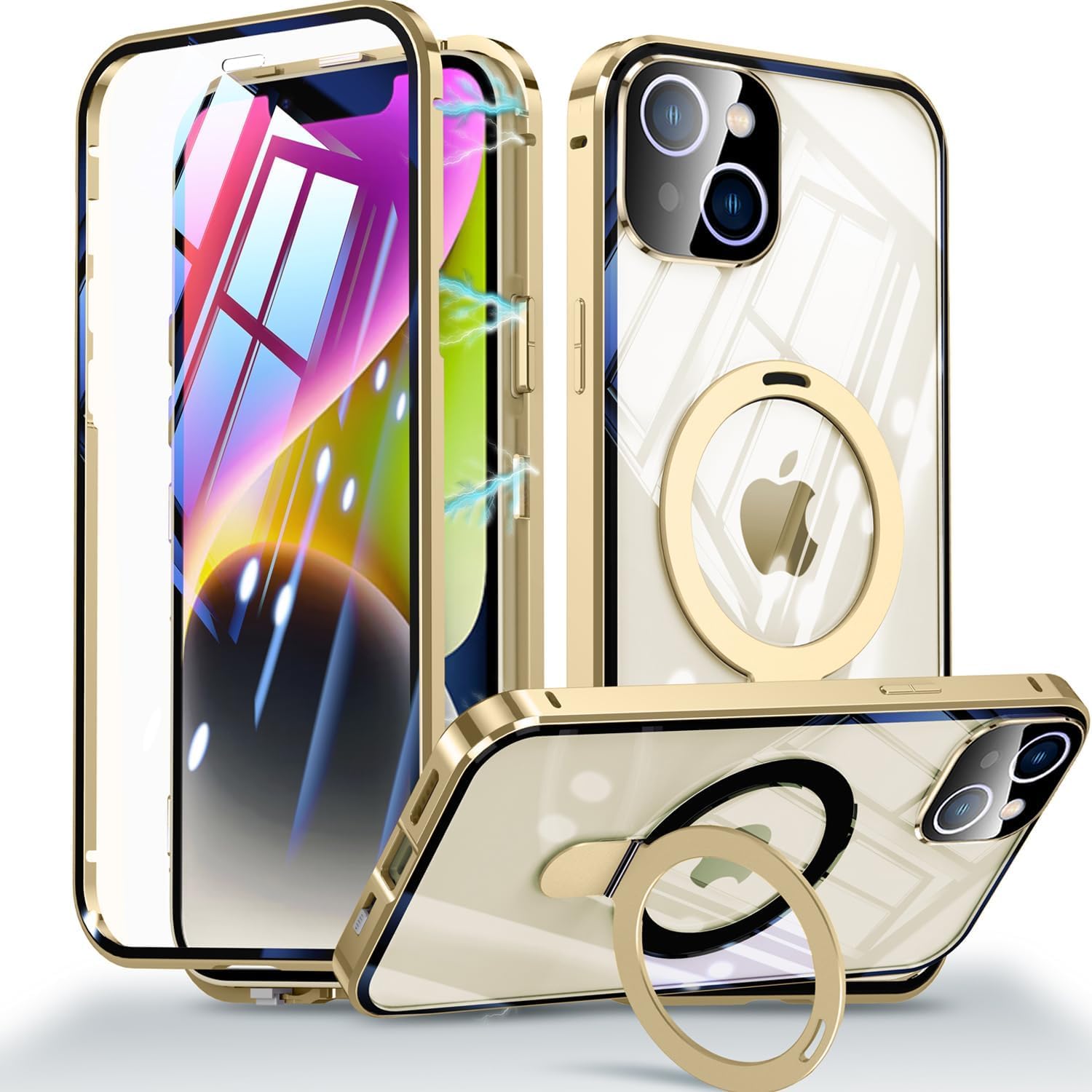 OURJOY iPhone 15 Plus 用 ケース 【両面保護+MagSafe対応+ロック式+多機能一体スタンド】 ガラスケース クリア 360°全面保護 アイフォン15 プラス スマホケース アルミバンパー フルカバー カメラレンズ保護 ワイアレス充電 携帯ケース・ゴールド