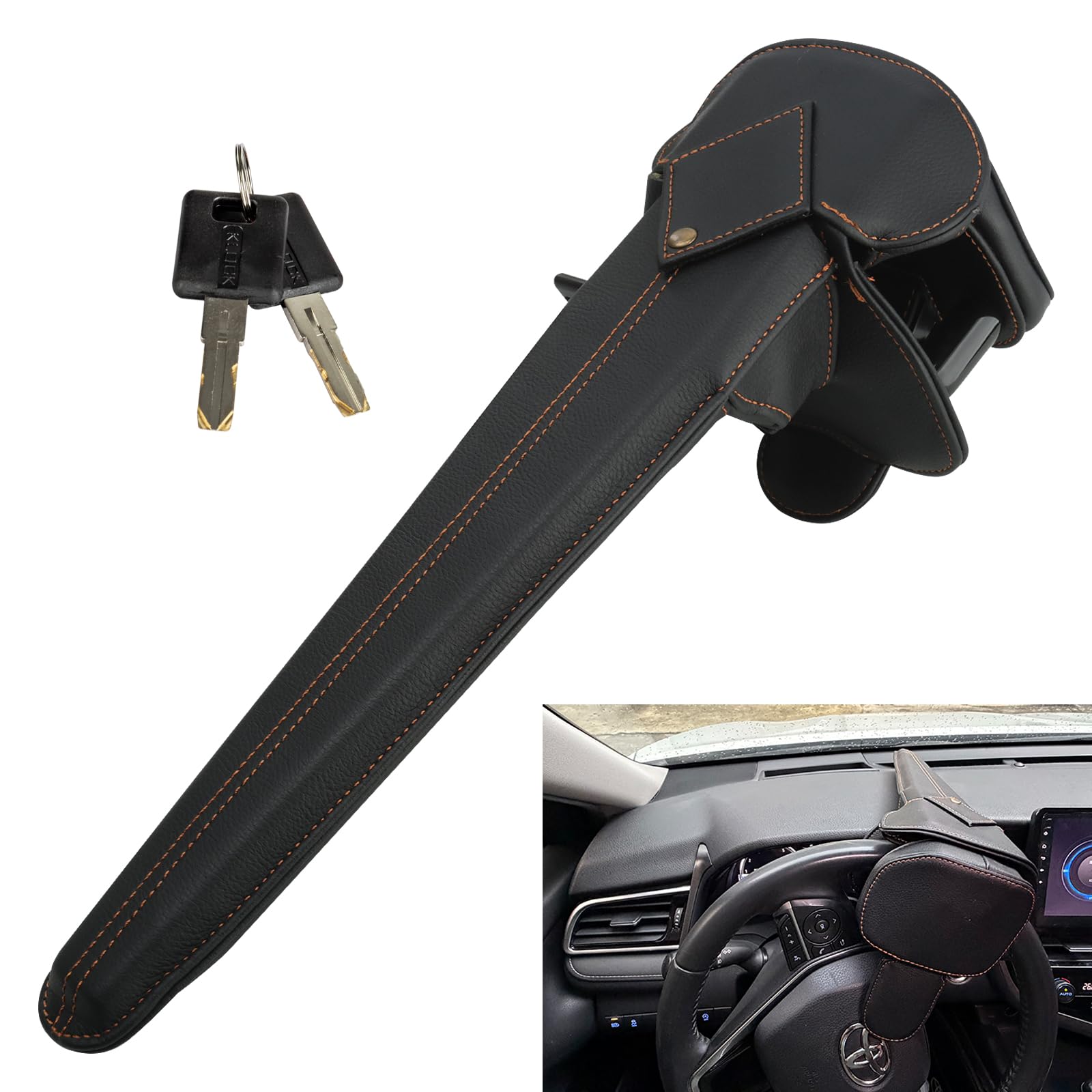 Catekro Antivol Voiture, Antivol Volant Réglable avec 2 Clés, Cuir Noir | Bloque Volant Universel pour Voiture, Camion, SUV, Bus, Protection Vol Direction Robuste et Résistant