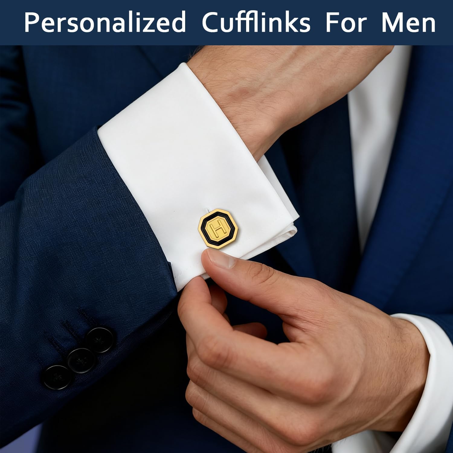 AMITER 18K Gold Plated Initial Cufflinks, Mens Cuff Links for Business Wedding Shirts Studs Suit Accessories - Gift for Groom Husband Father