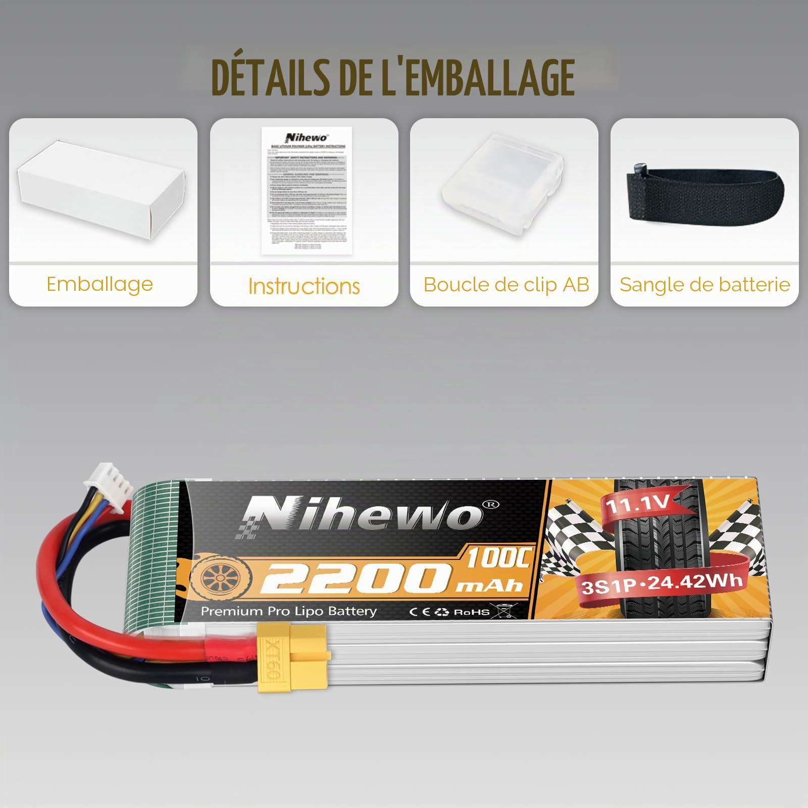 Batterie Lipo 3S 11,1V 2200mAh 100C Prise XT60 pour Drone FPV 2pcs