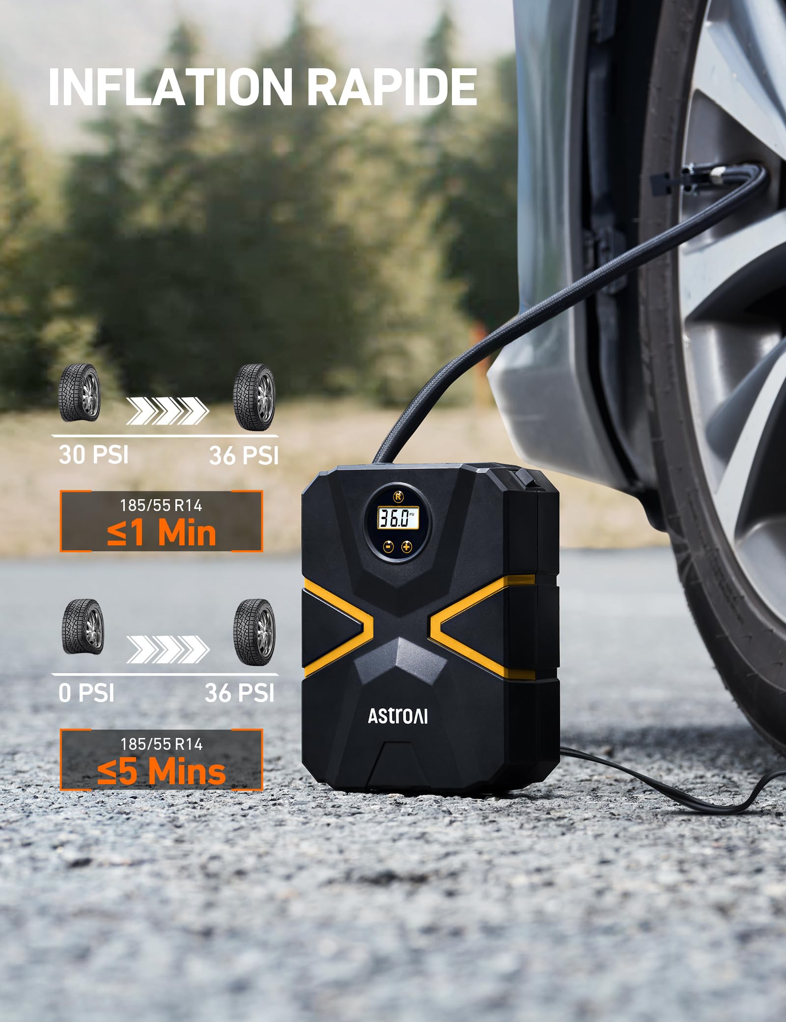 AstroAI Gonfleur Pneus Voiture Portable 12V DC 150 PSI, Compresseur à Air Portatif, Arrêt Automatique, Gonflage Rapide à 36 PSI en 1 Min, Lumière LED, Accessoires Polyvalents pour Vélos Ballons Bouées