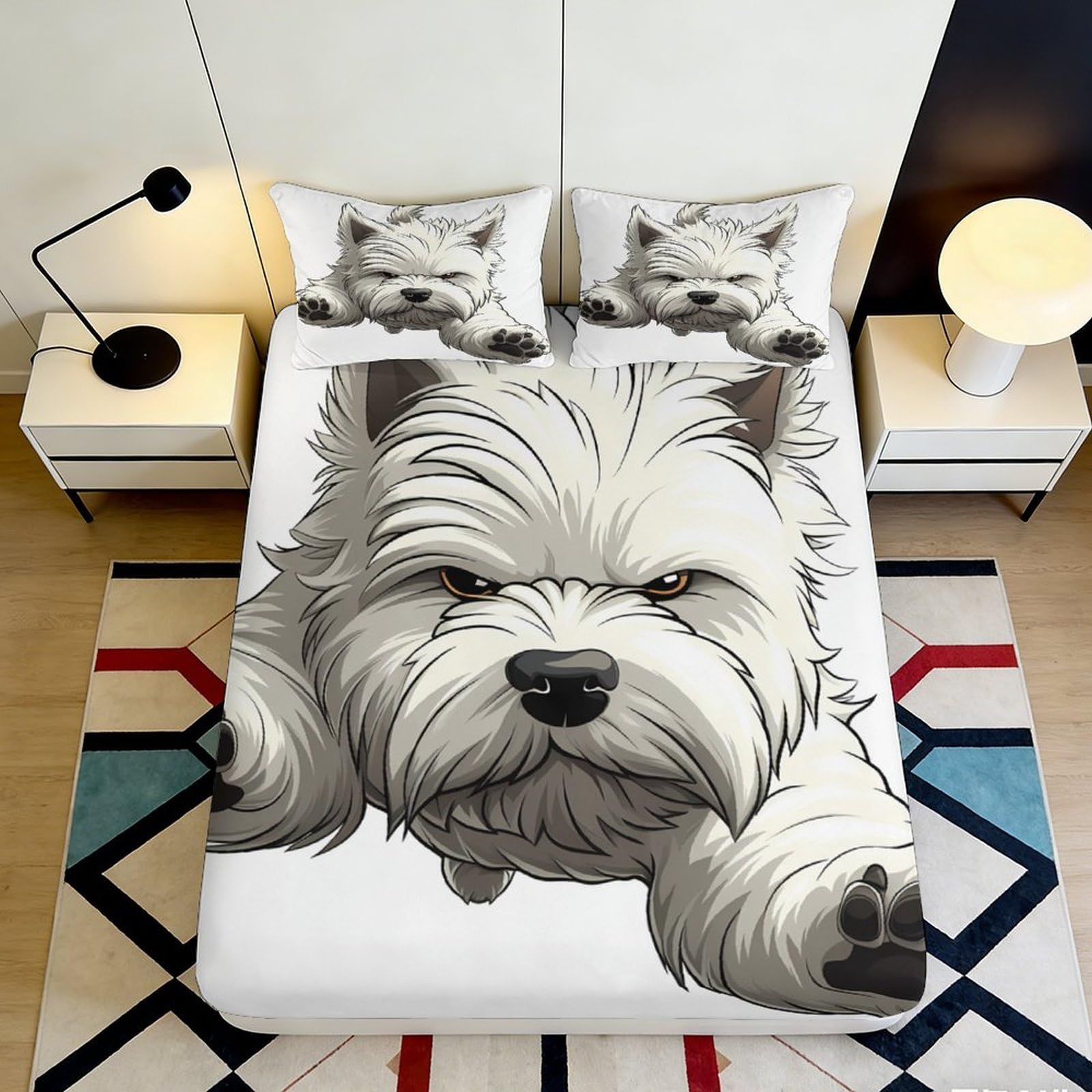 3D Printed Westie Dog Fitted Sheet Microfiber Soft White Puppy Bed Cover for Bedroom Guest Room Decor Easy Care 90x200x25cm